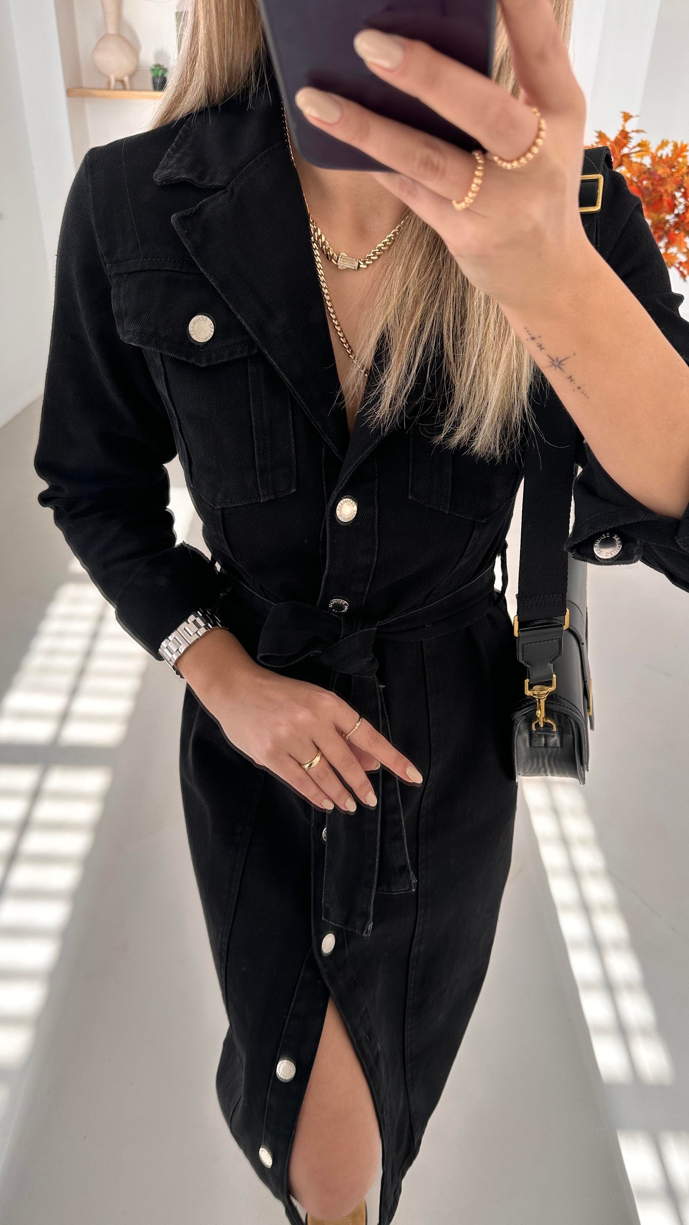 Kruvaze Yaka Boydan Düğmeli Siyah Midi Denim Elbise
