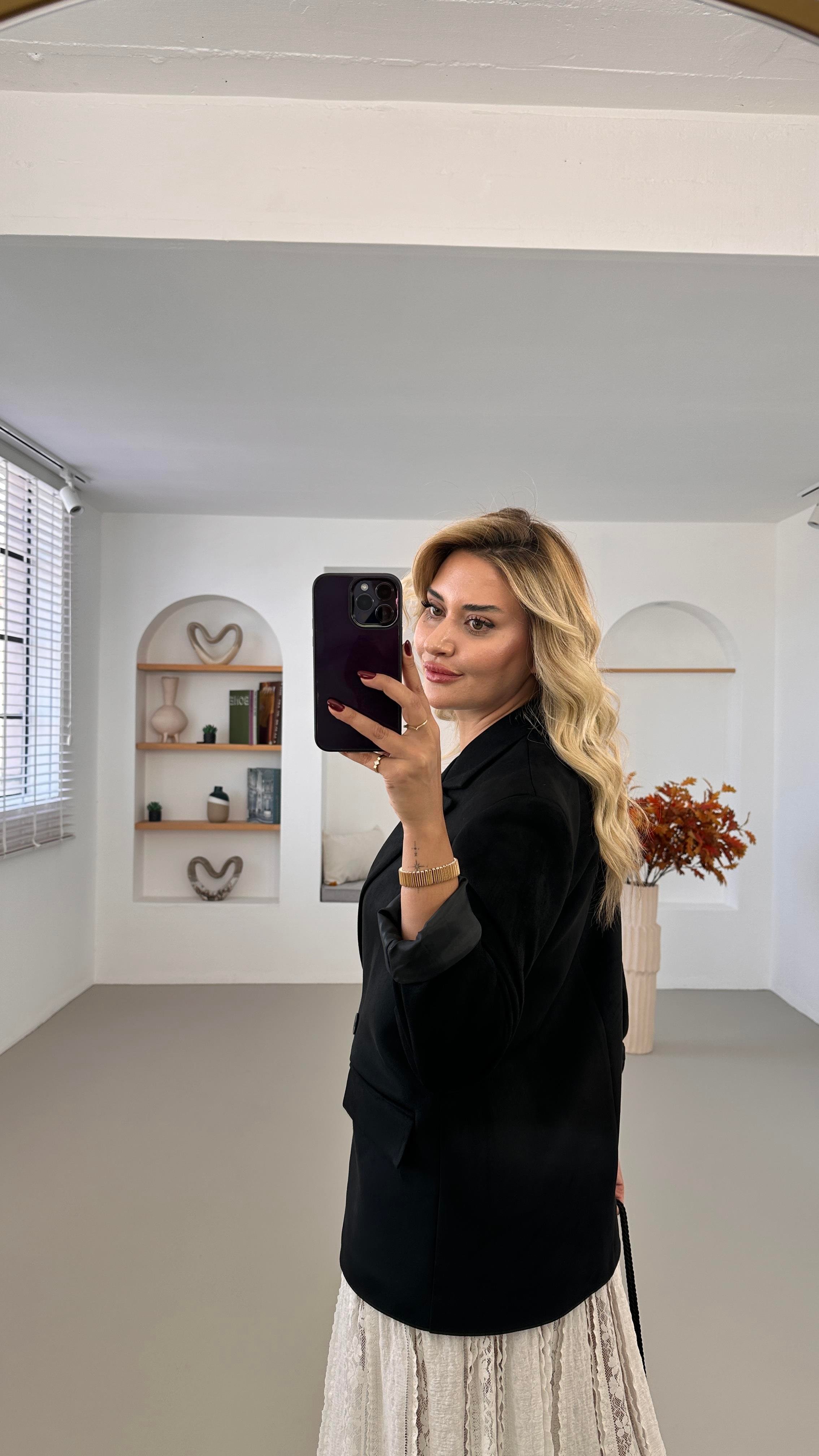 Kruvaze Yaka Çift Düğme Detay Astarlı Siyah Süet Ceket