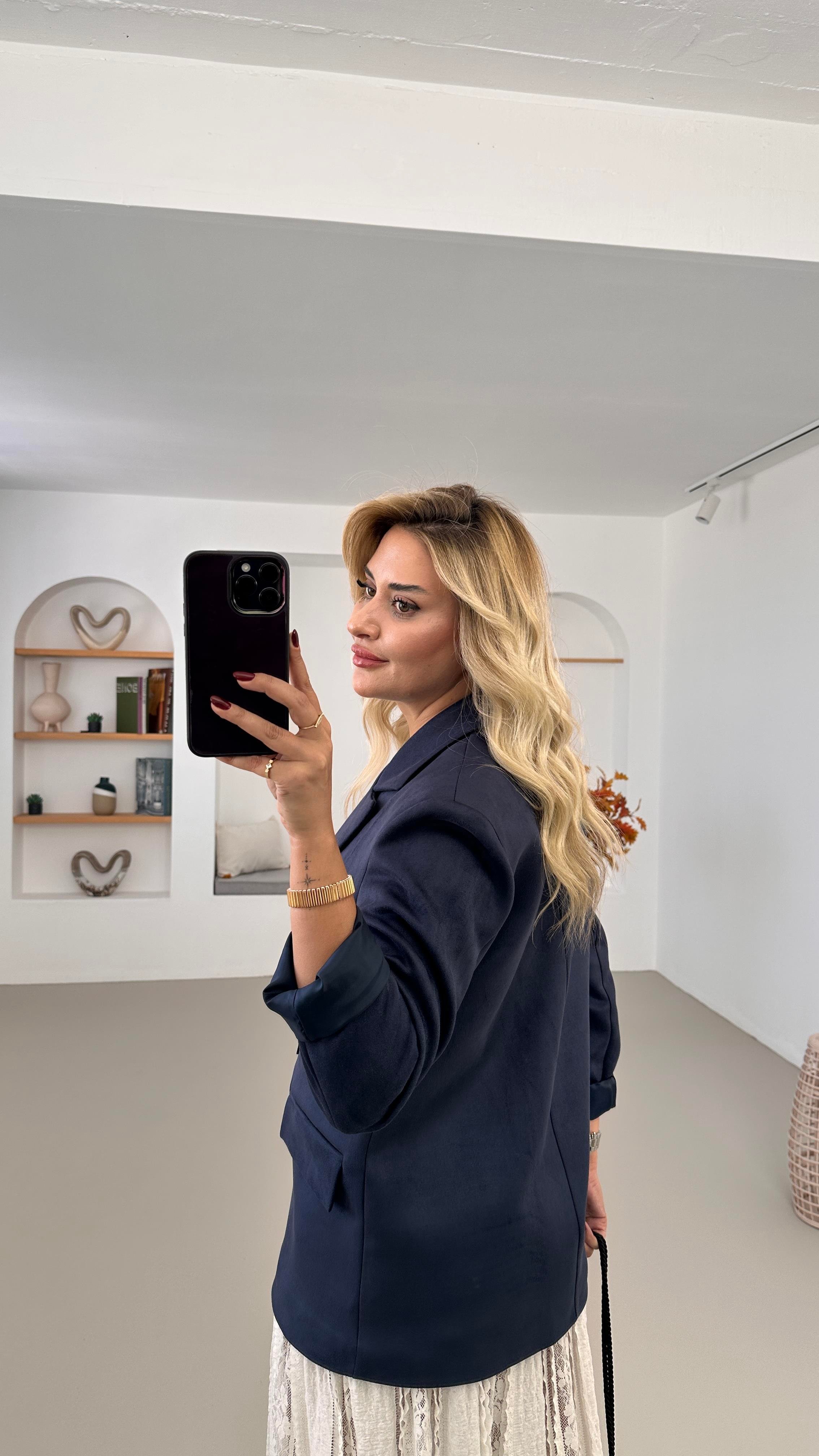 Kruvaze Yaka Çift Düğme Detay Astarlı Lacivert Süet Ceket