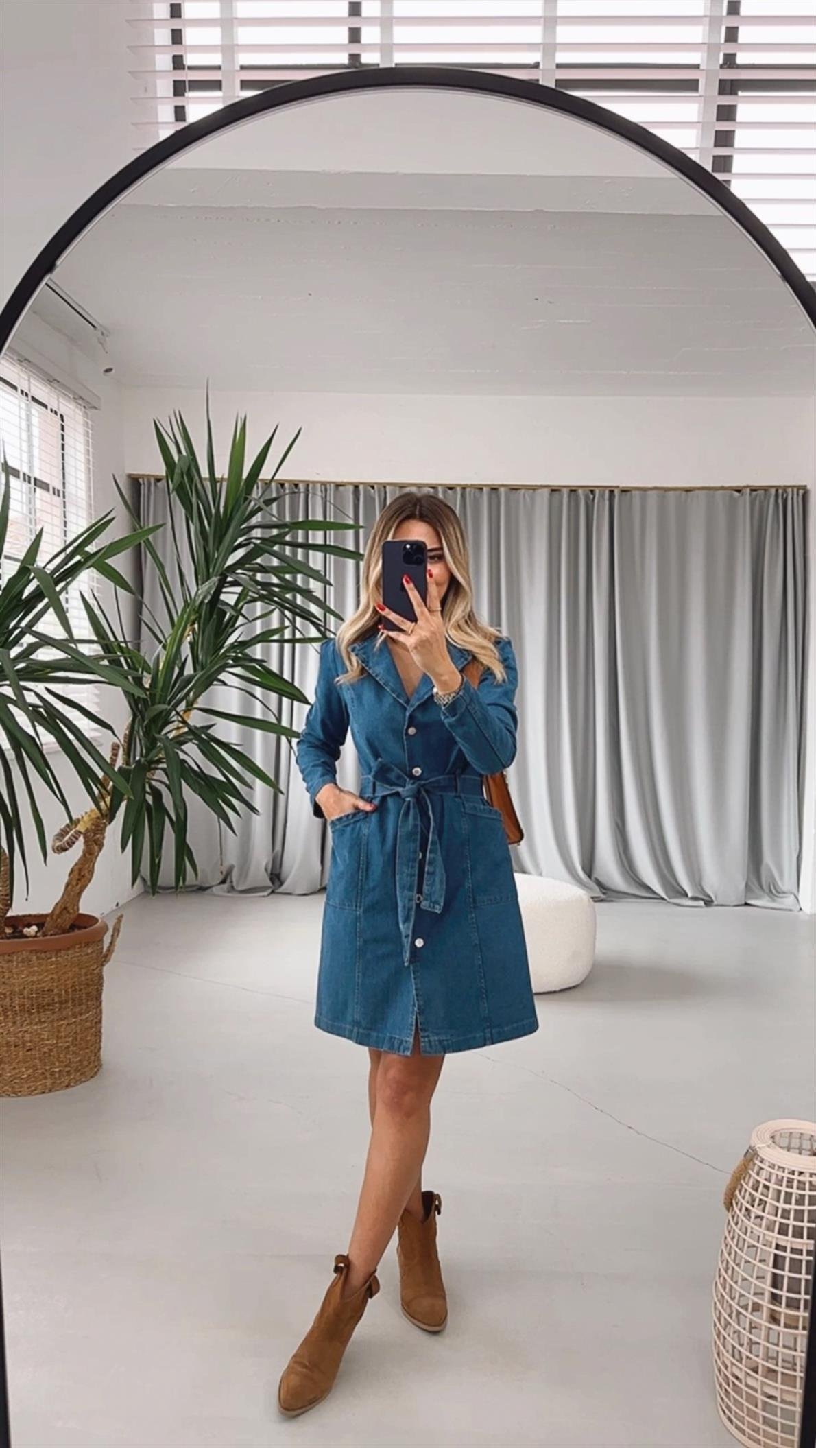 Kruvaze Yaka Kuşaklı Mavi Denim Elbise