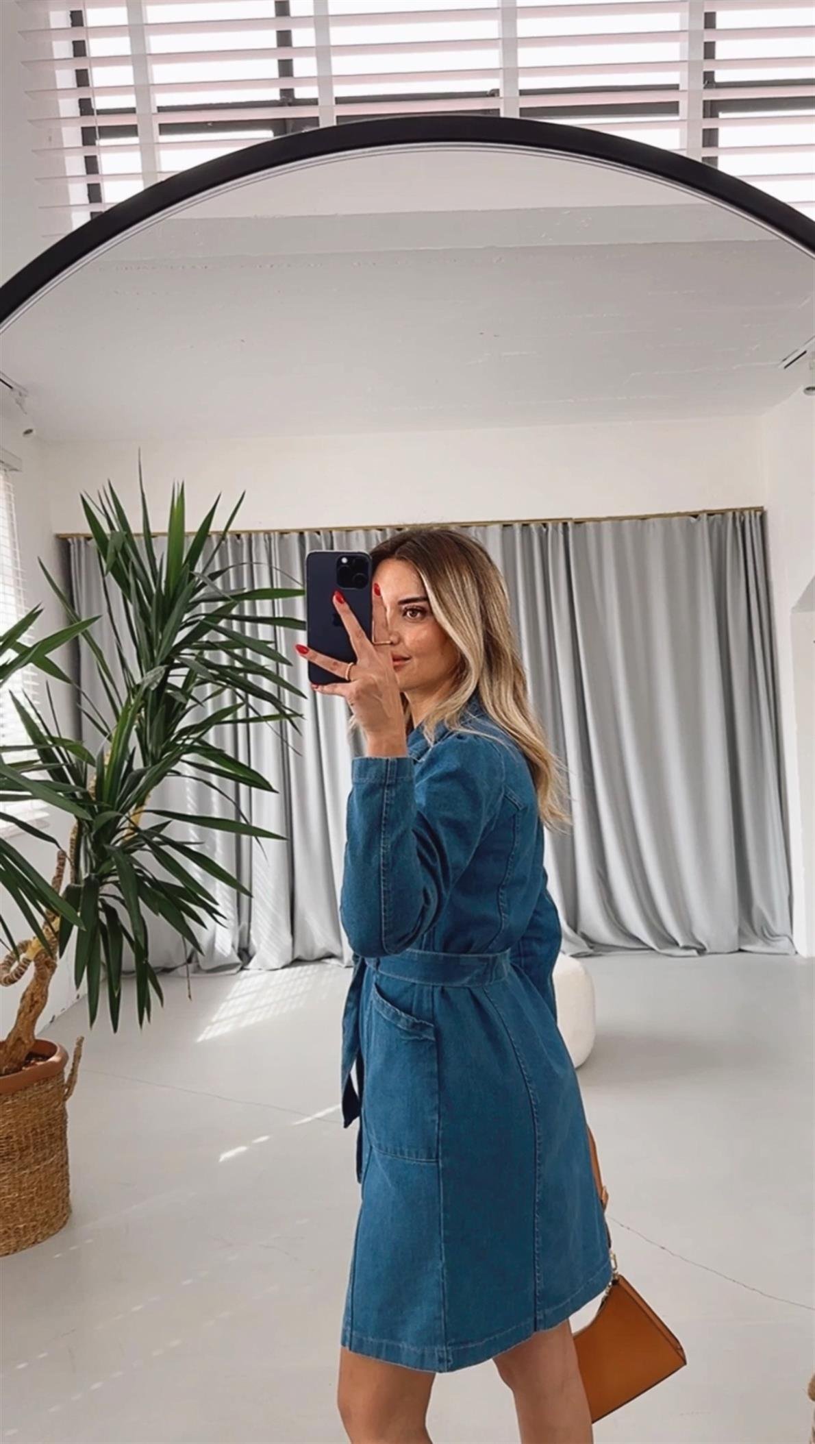 Kruvaze Yaka Kuşaklı Mavi Denim Elbise