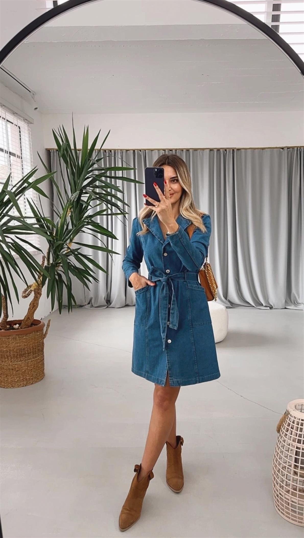 Kruvaze Yaka Kuşaklı Mavi Denim Elbise