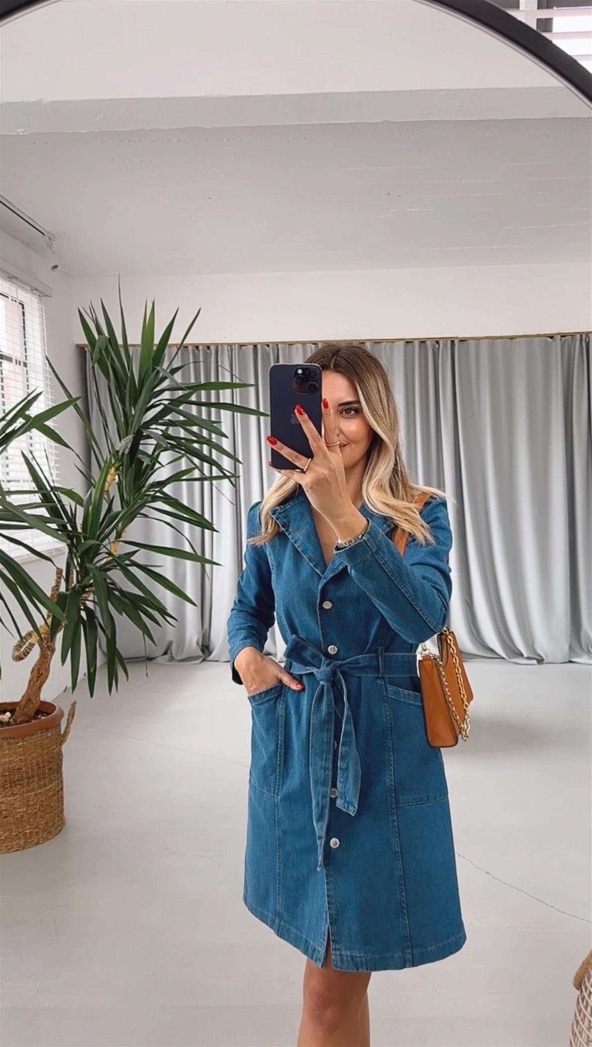 Kruvaze Yaka Kuşaklı Mavi Denim Elbise