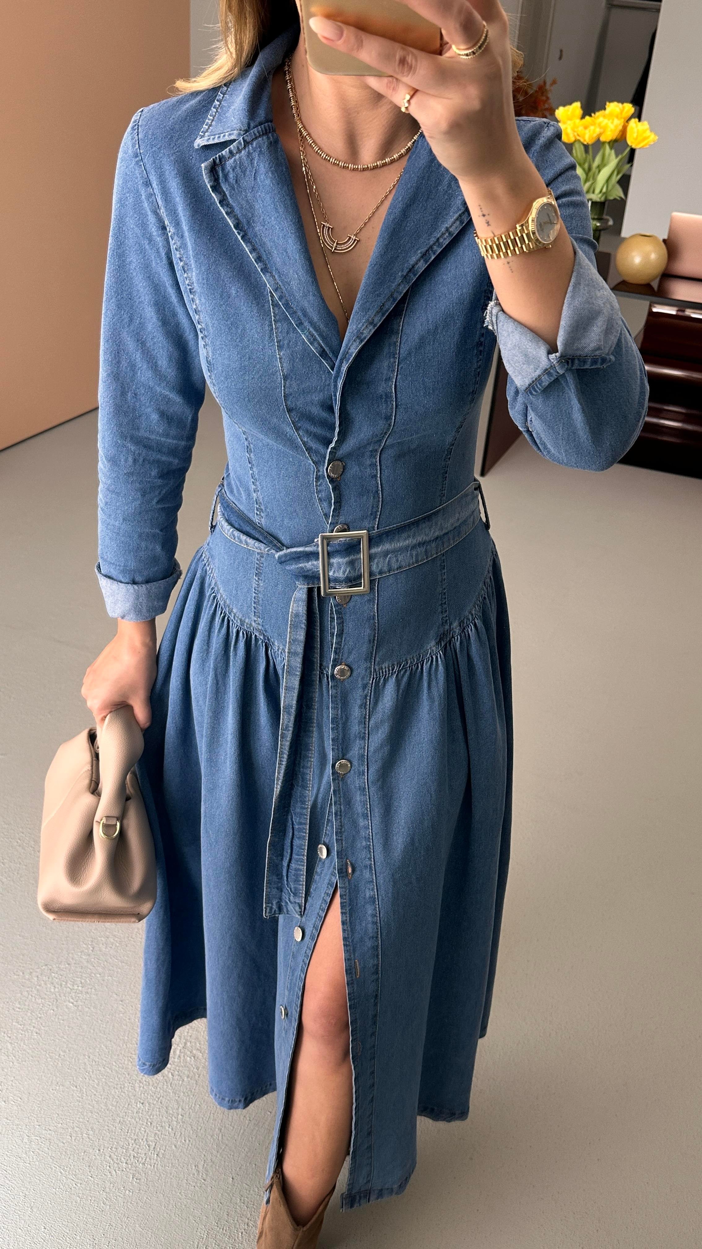 Kruvaze Yaka Mavi Kemerli Maxi Denim Elbise
