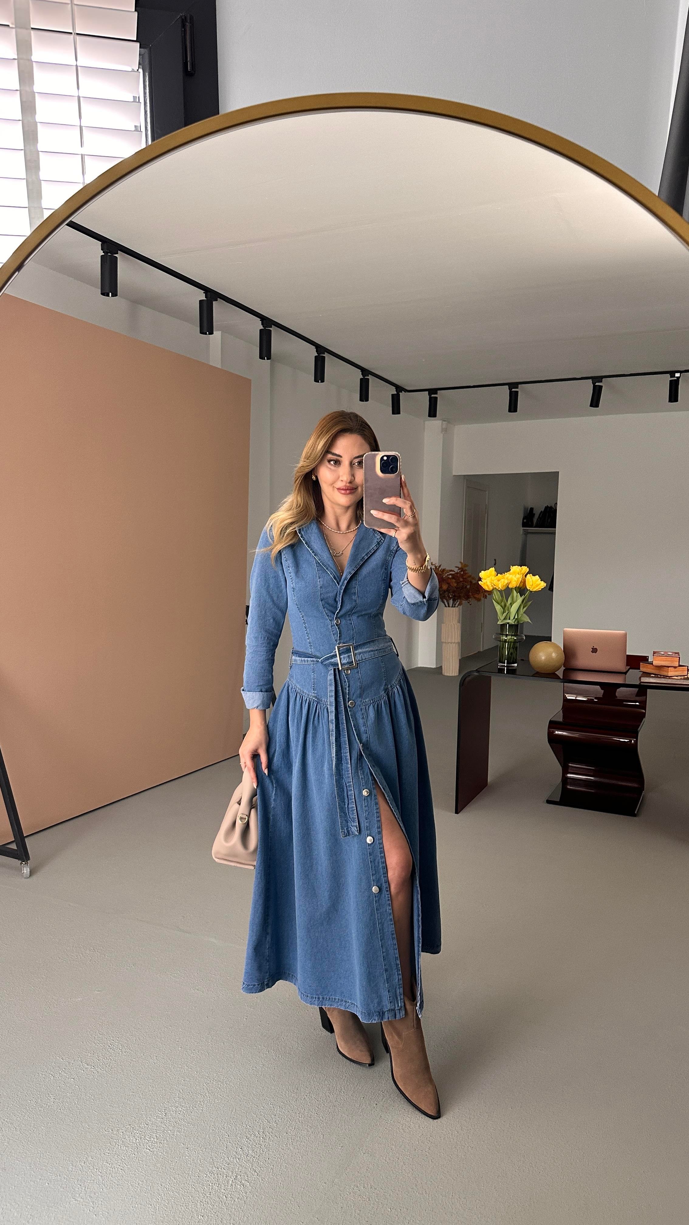 Kruvaze Yaka Mavi Kemerli Maxi Denim Elbise