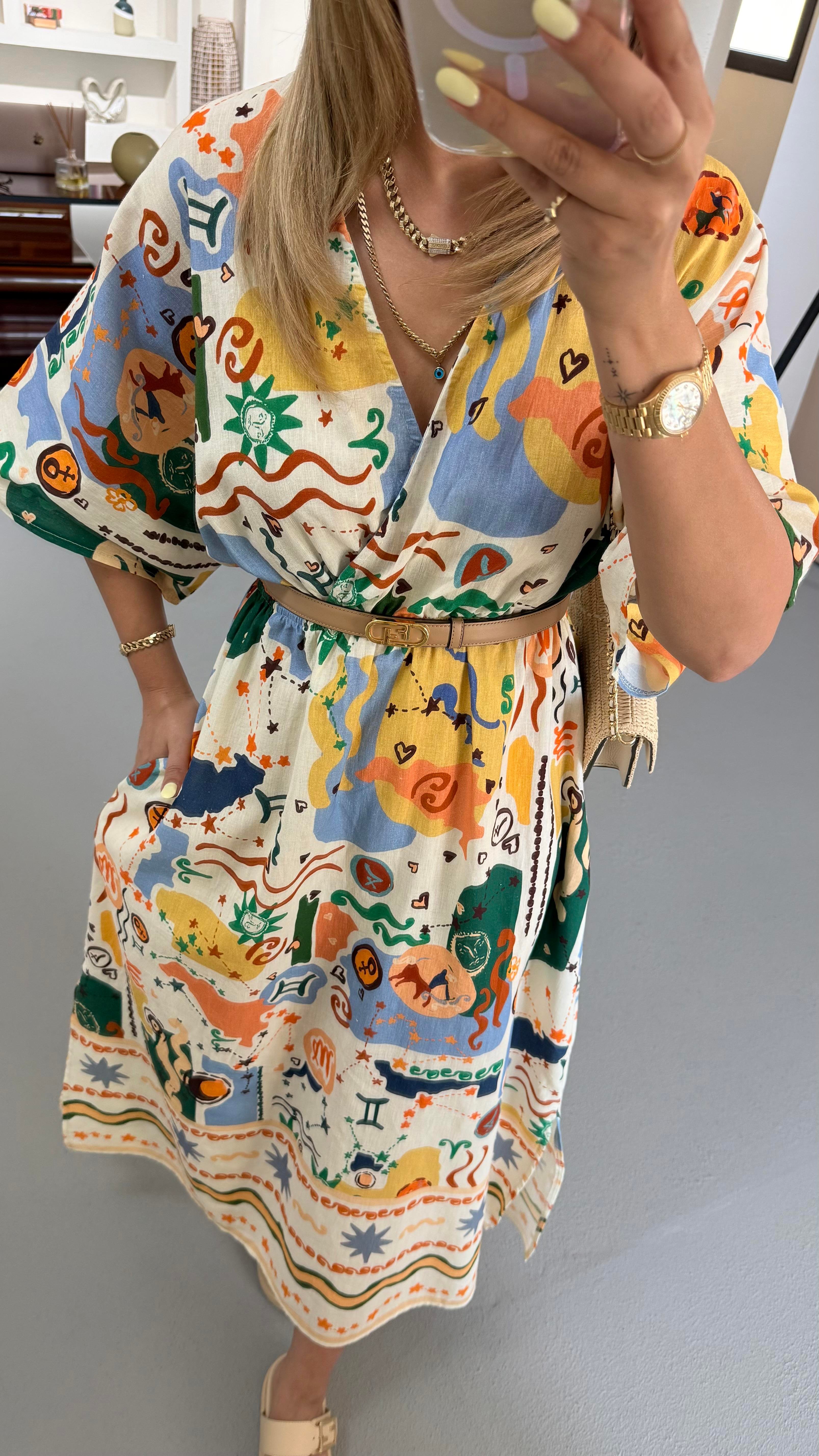 Kruvaze Yaka Renk Desenli Keten Elbise