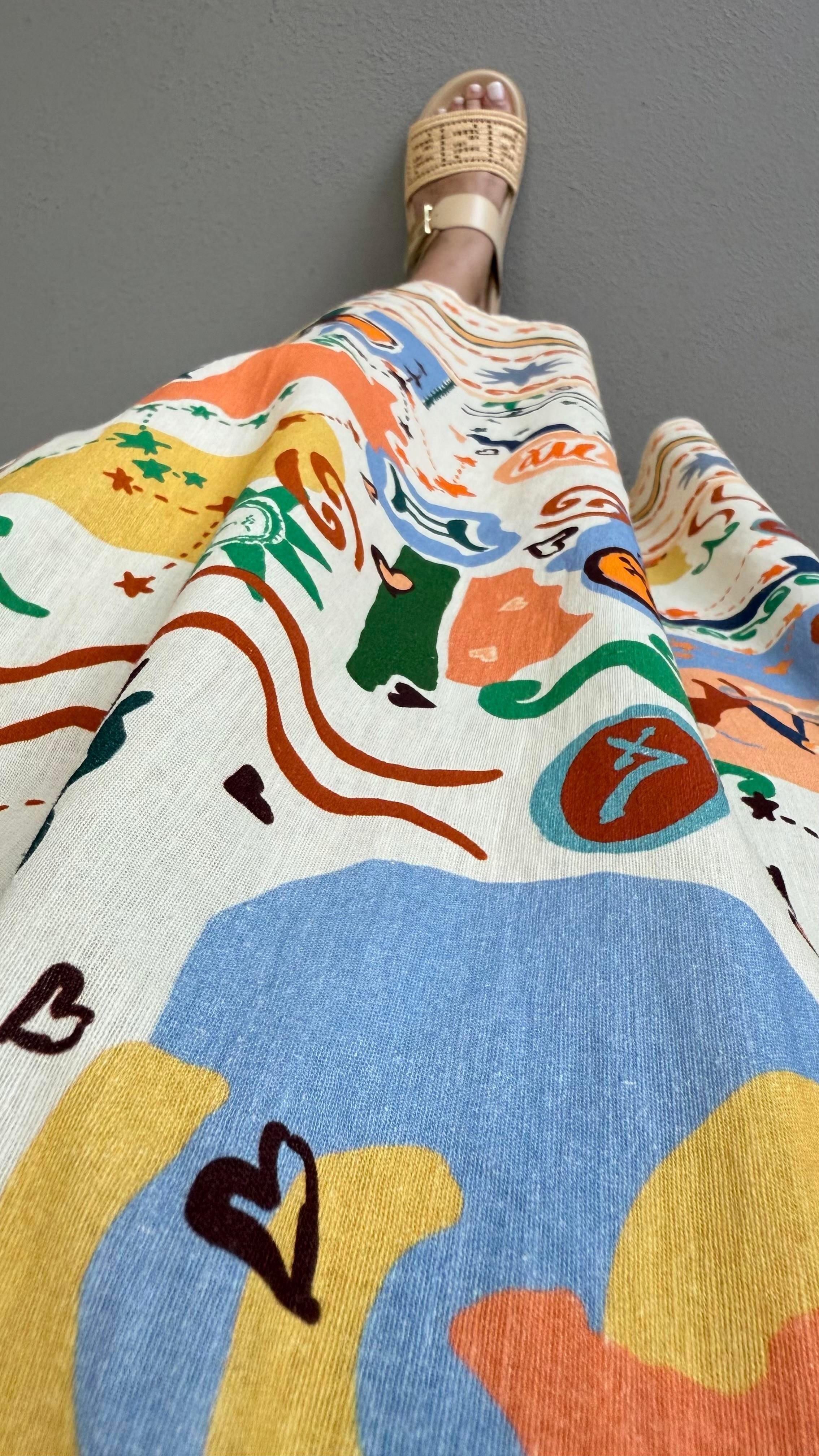 Kruvaze Yaka Renk Desenli Keten Elbise