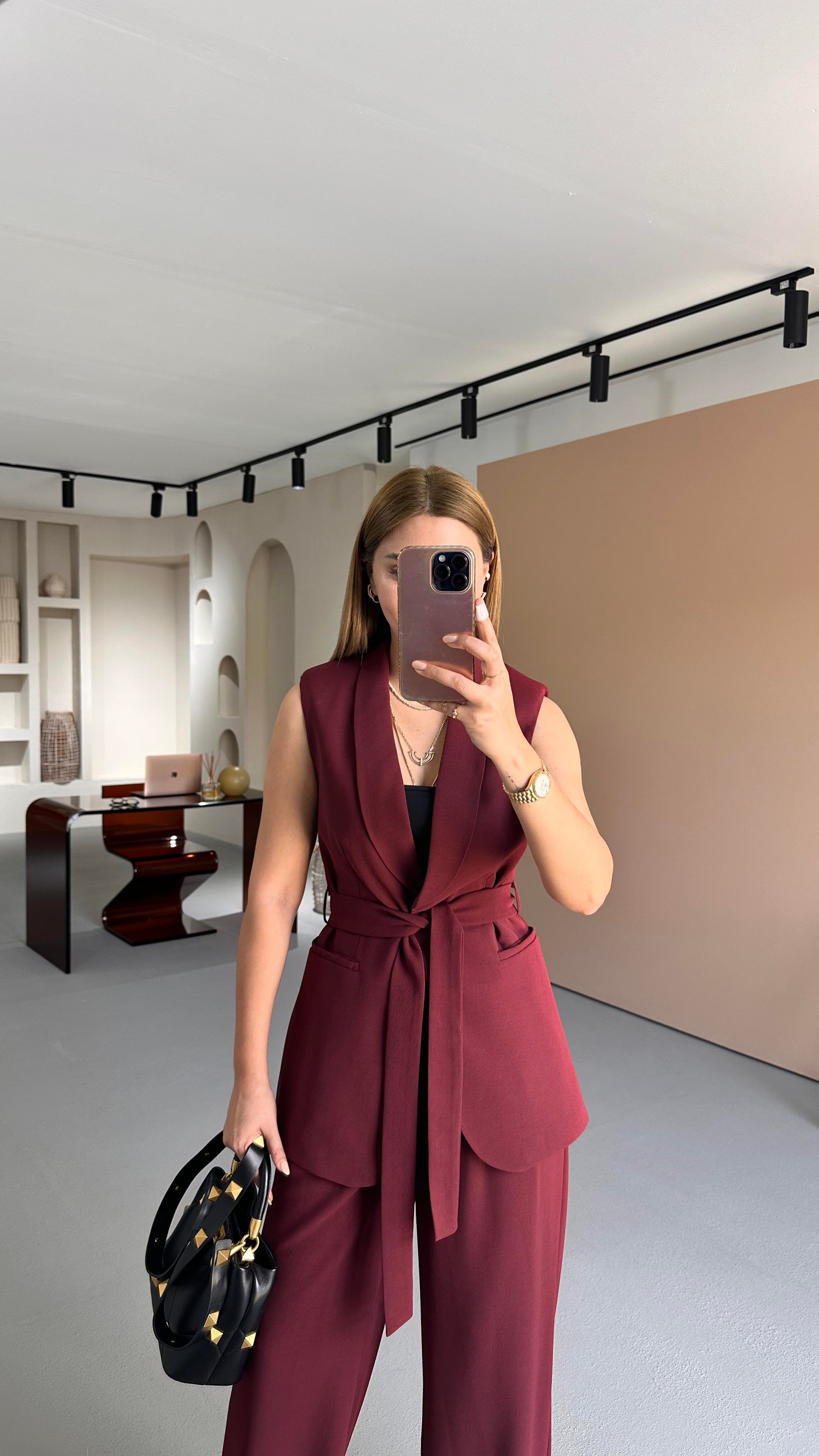 Kuşaklı Yelek Beli Lastikli Palazzo Pantolon Bordo Takım