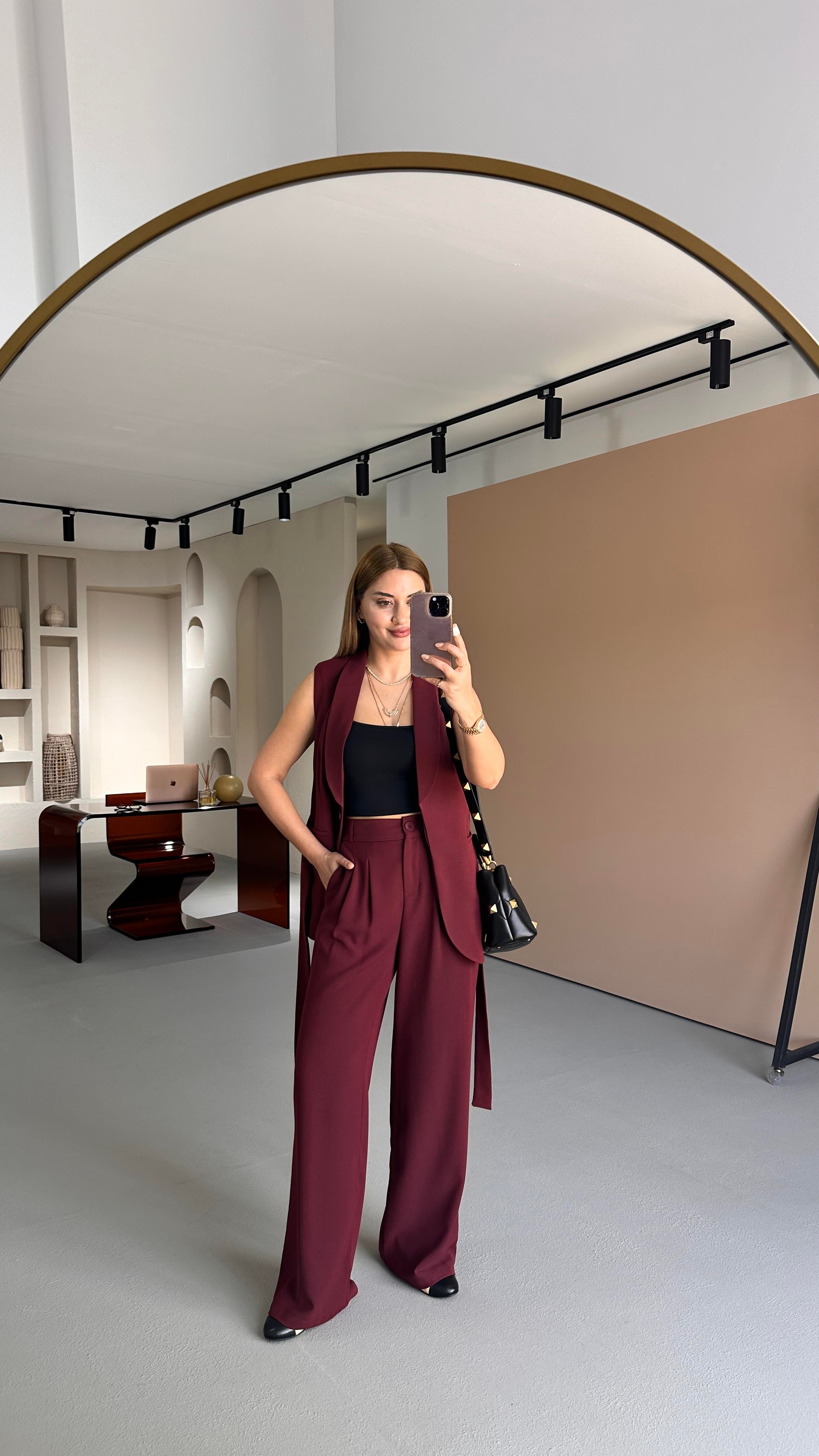 Kuşaklı Yelek Beli Lastikli Palazzo Pantolon Bordo Takım