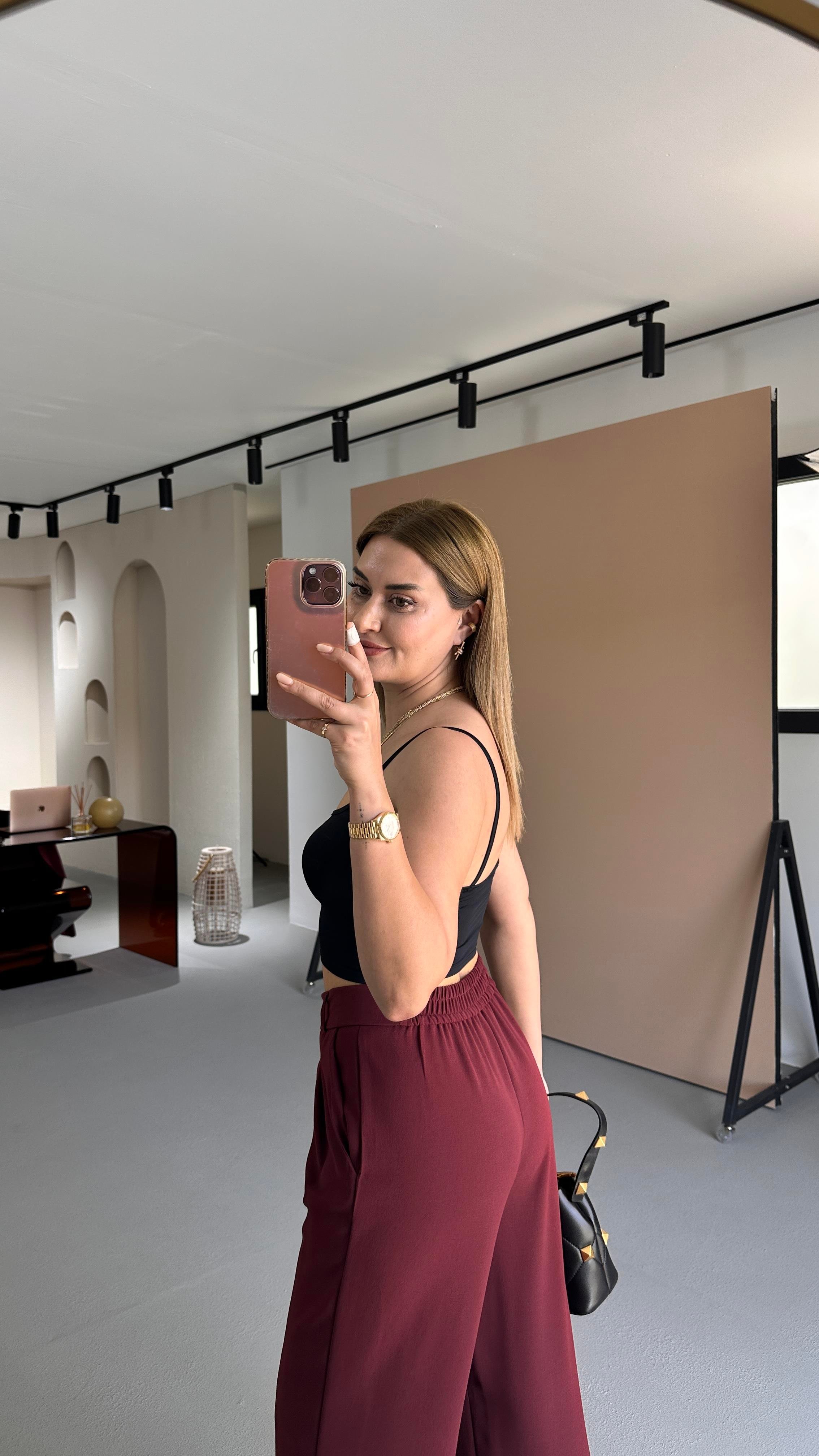 Kuşaklı Yelek Beli Lastikli Palazzo Pantolon Bordo Takım