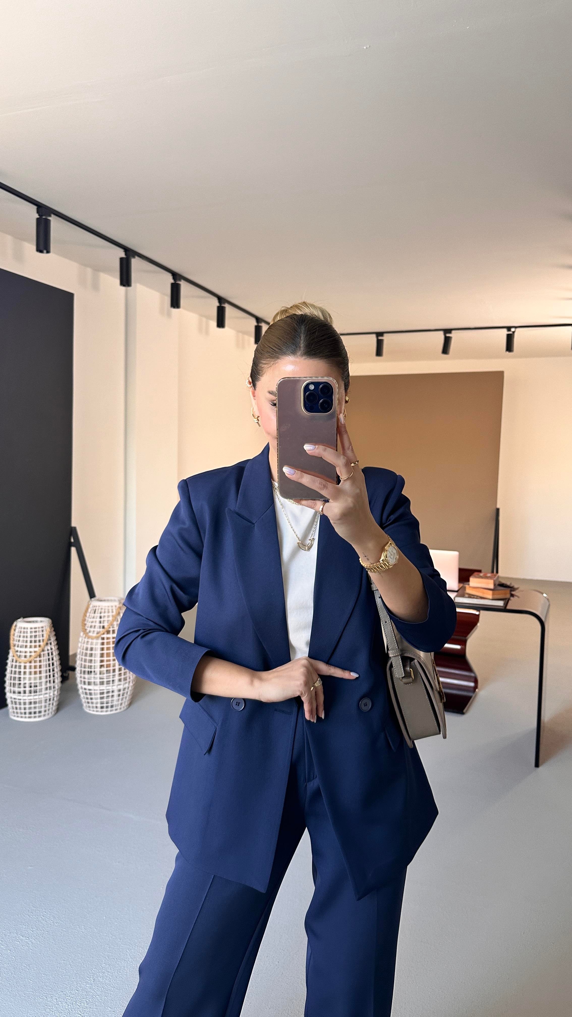 Lacivert Blazer Ceket Piliseli Palazzo Pantolon Takım