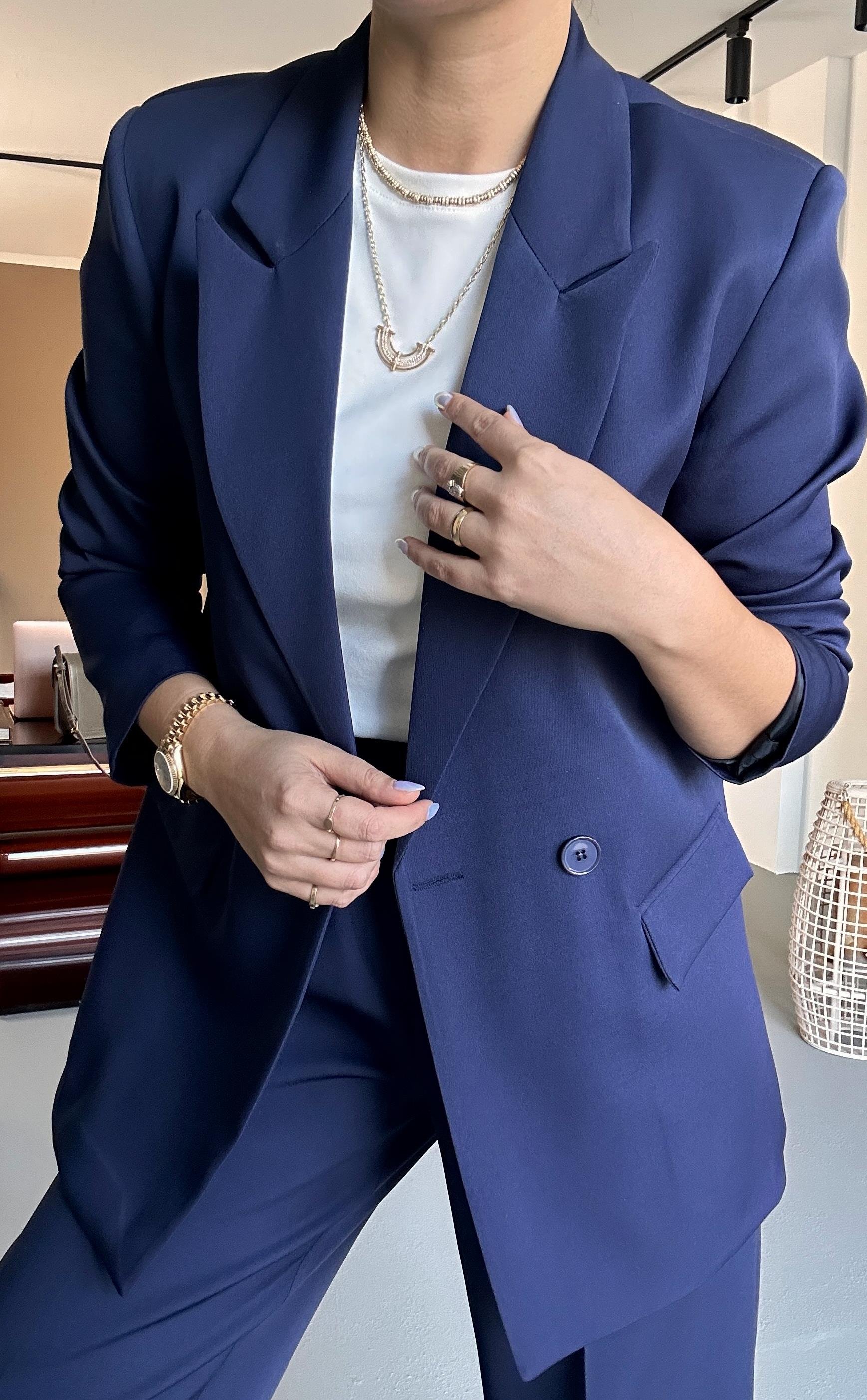 Lacivert Blazer Ceket Piliseli Palazzo Pantolon Takım