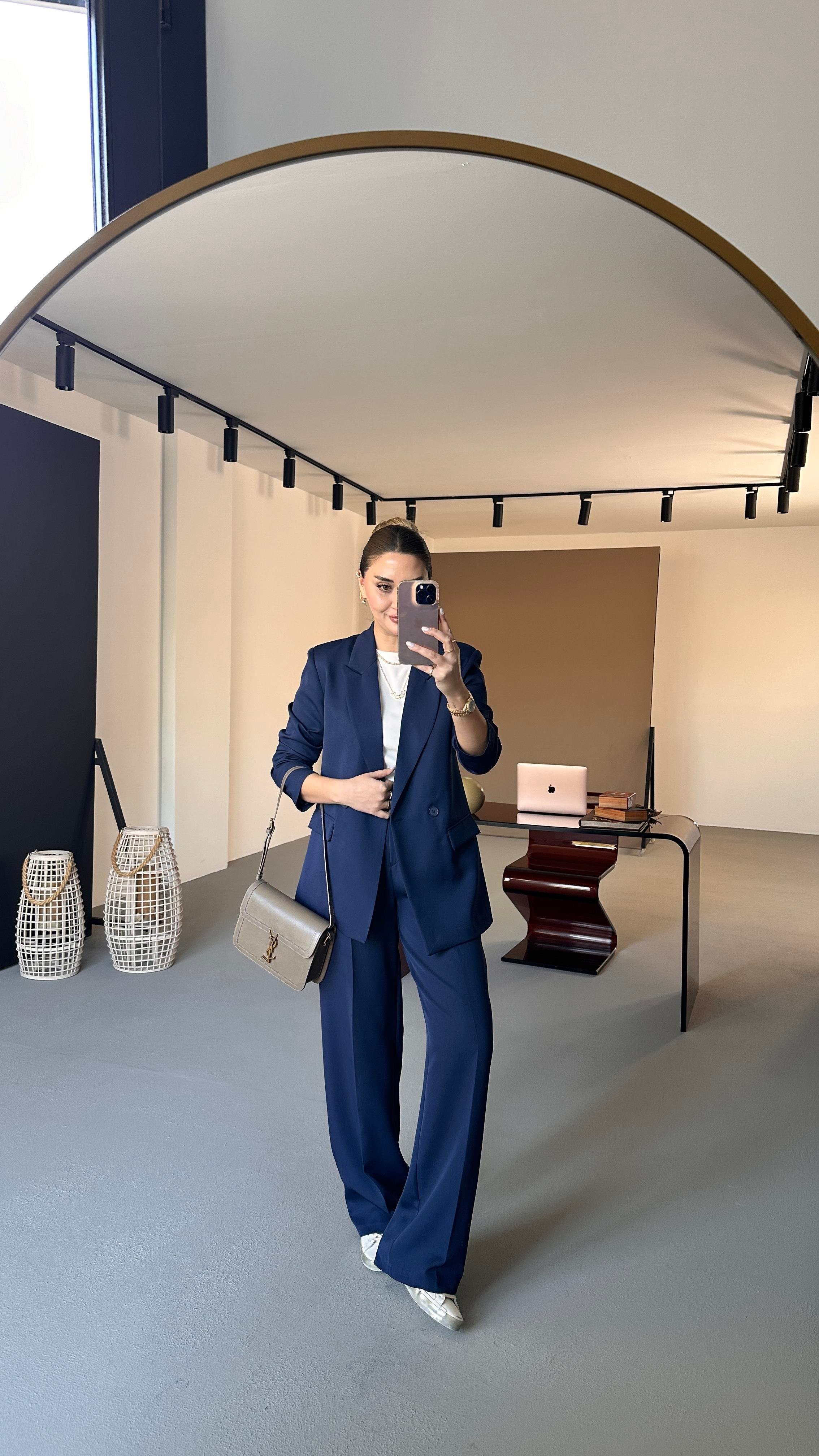 Lacivert Blazer Ceket Piliseli Palazzo Pantolon Takım
