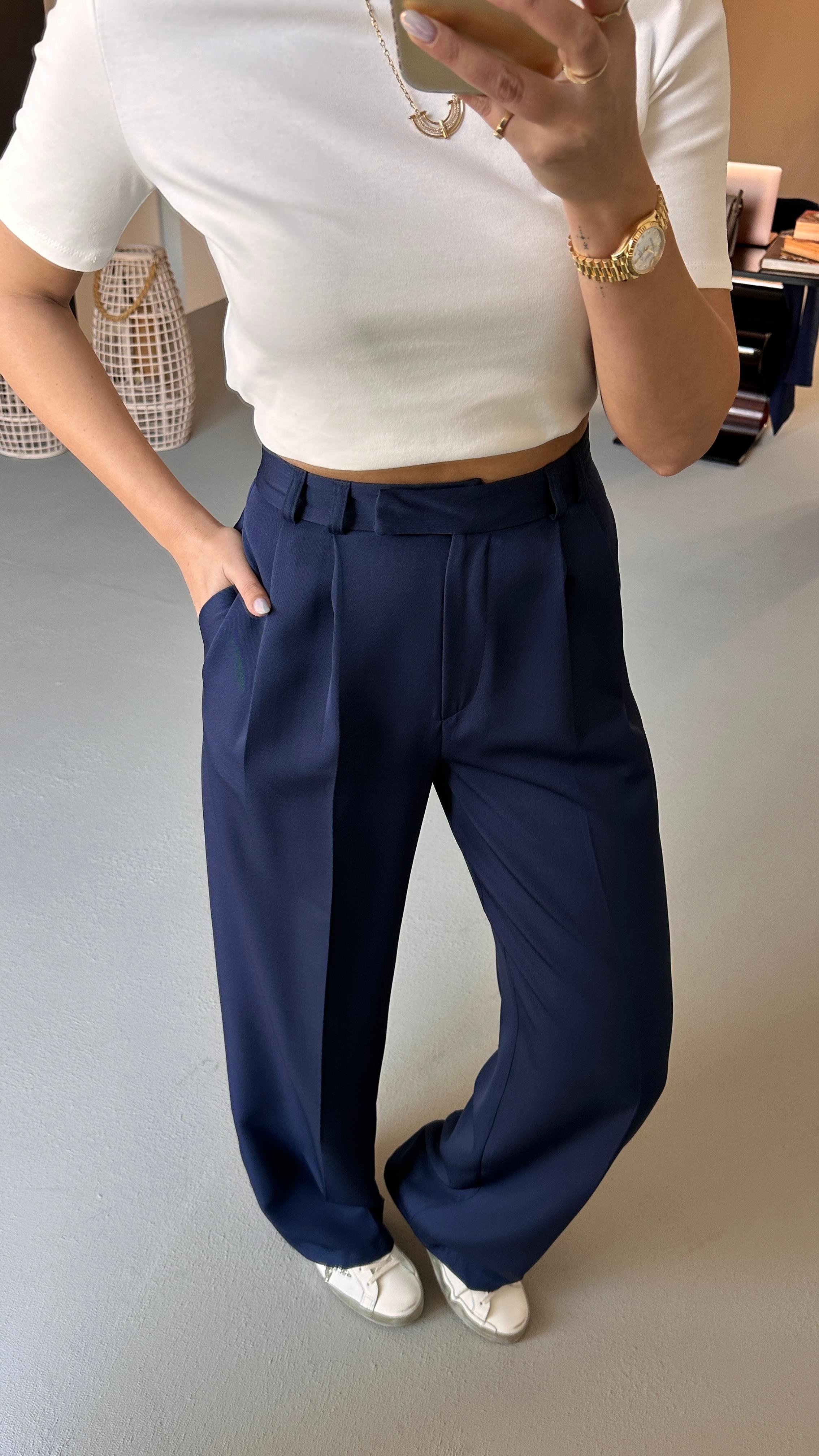 Lacivert Blazer Ceket Piliseli Palazzo Pantolon Takım