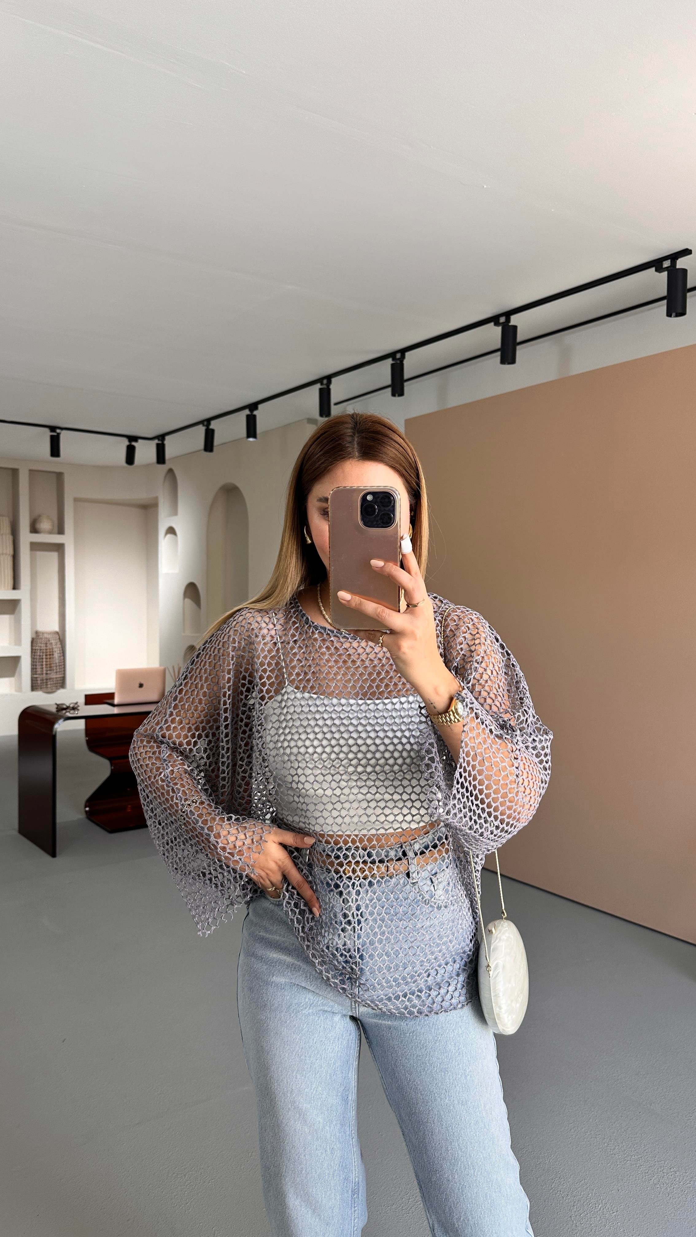 Leylak Oversize Simli File Bluz