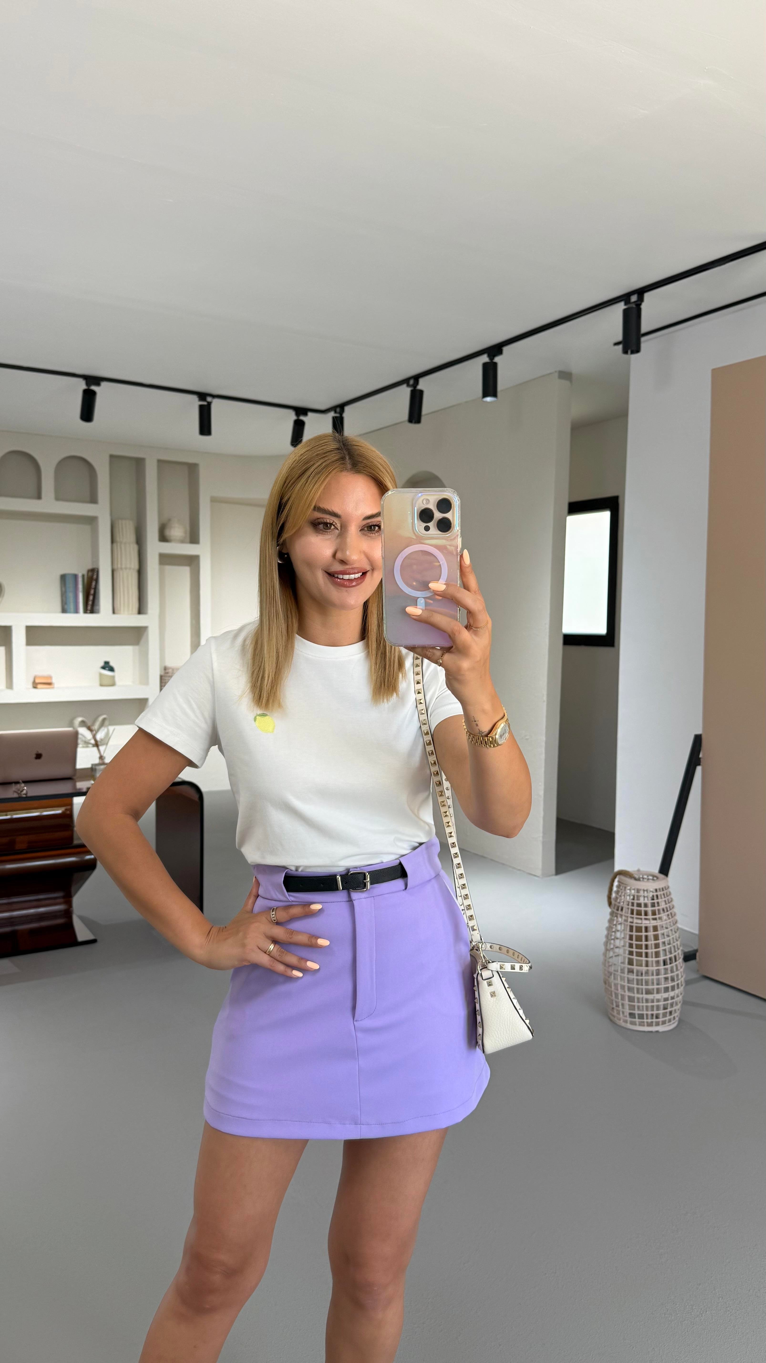 Limon Nakış Detay Pamuklu Basic Beyaz Tshirt