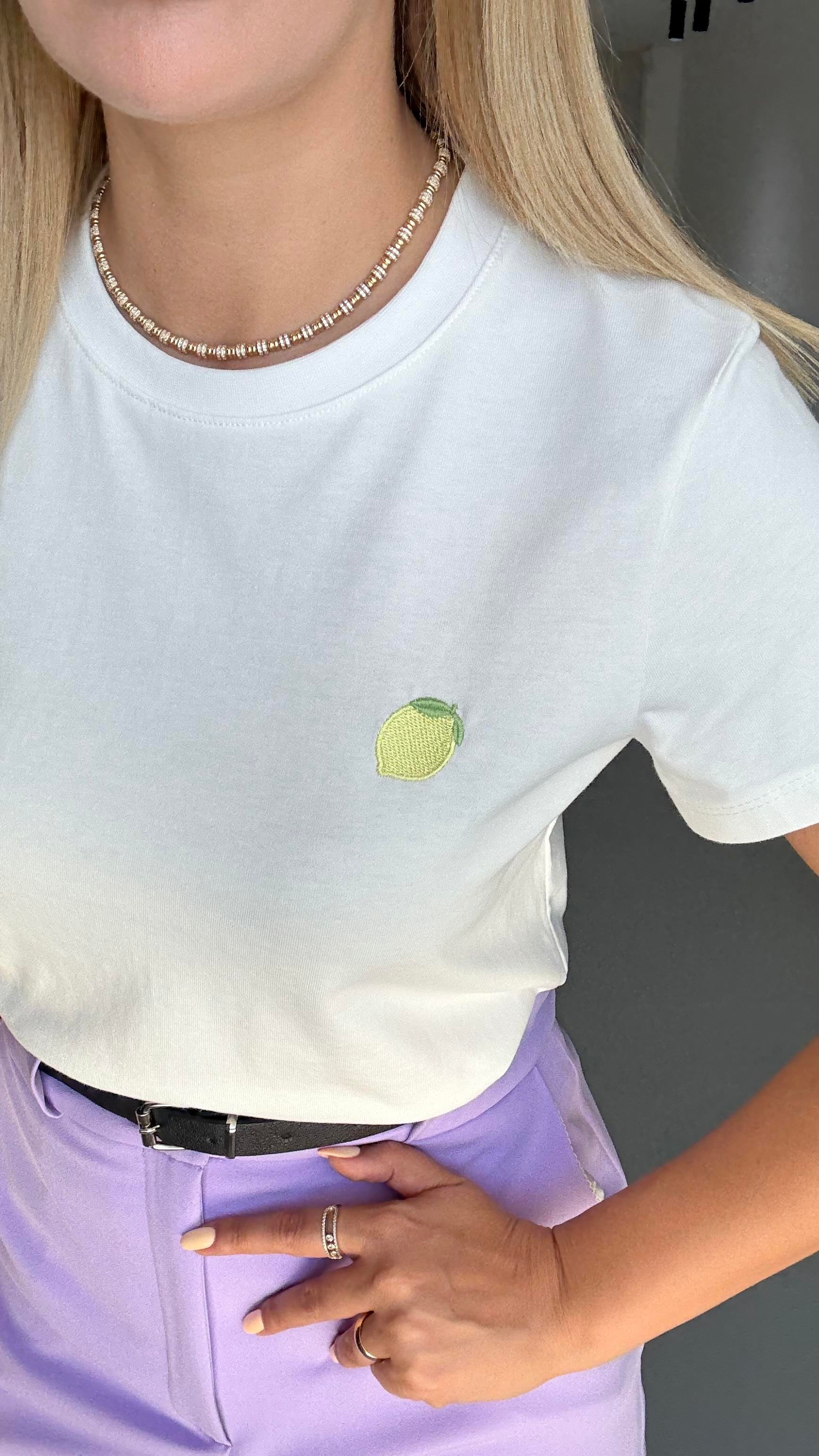 Limon Nakış Detay Pamuklu Basic Beyaz Tshirt