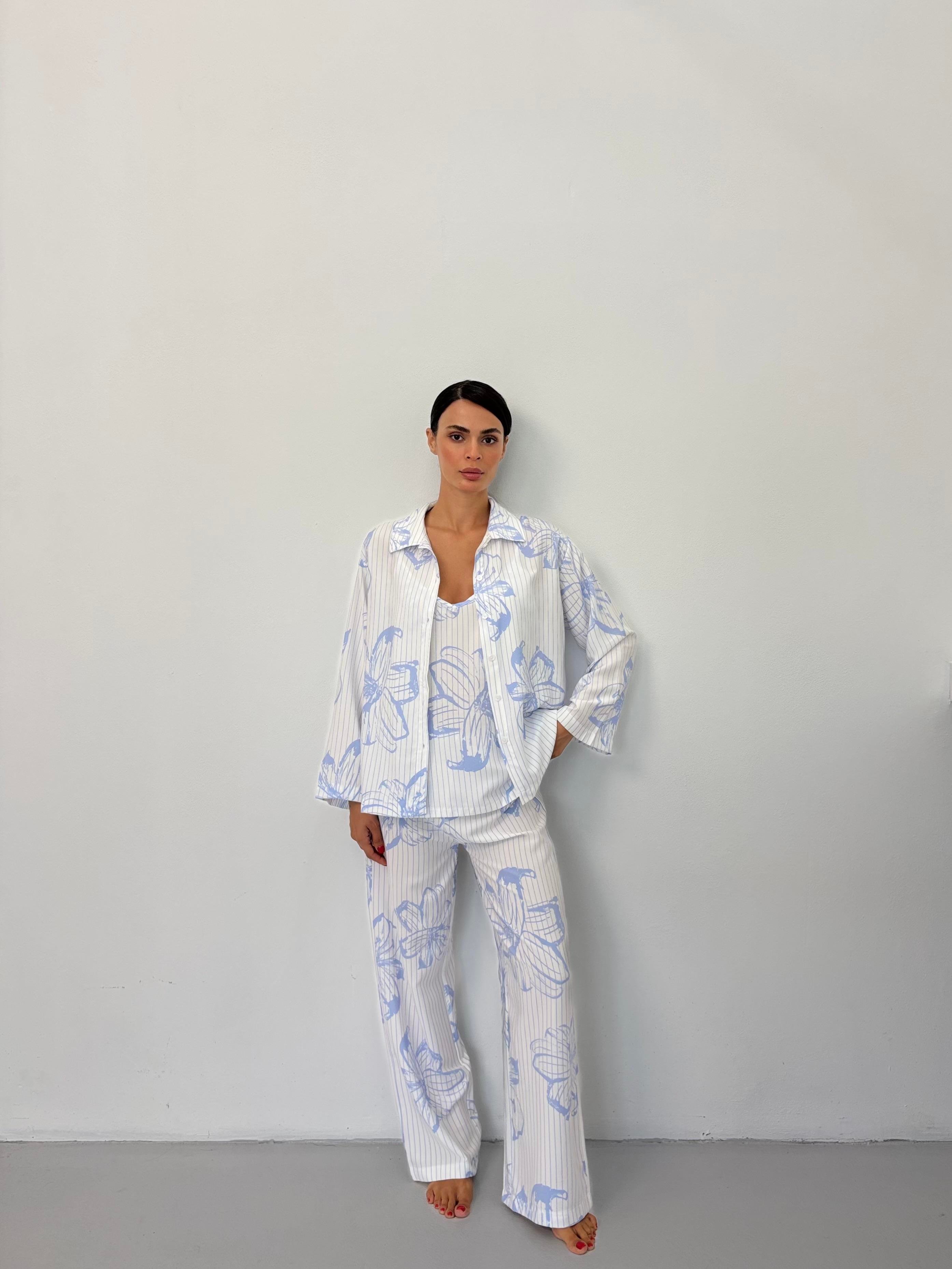 Mavi Çiçek Desen Ayarlanabilir Askı Pamuklu Atlet