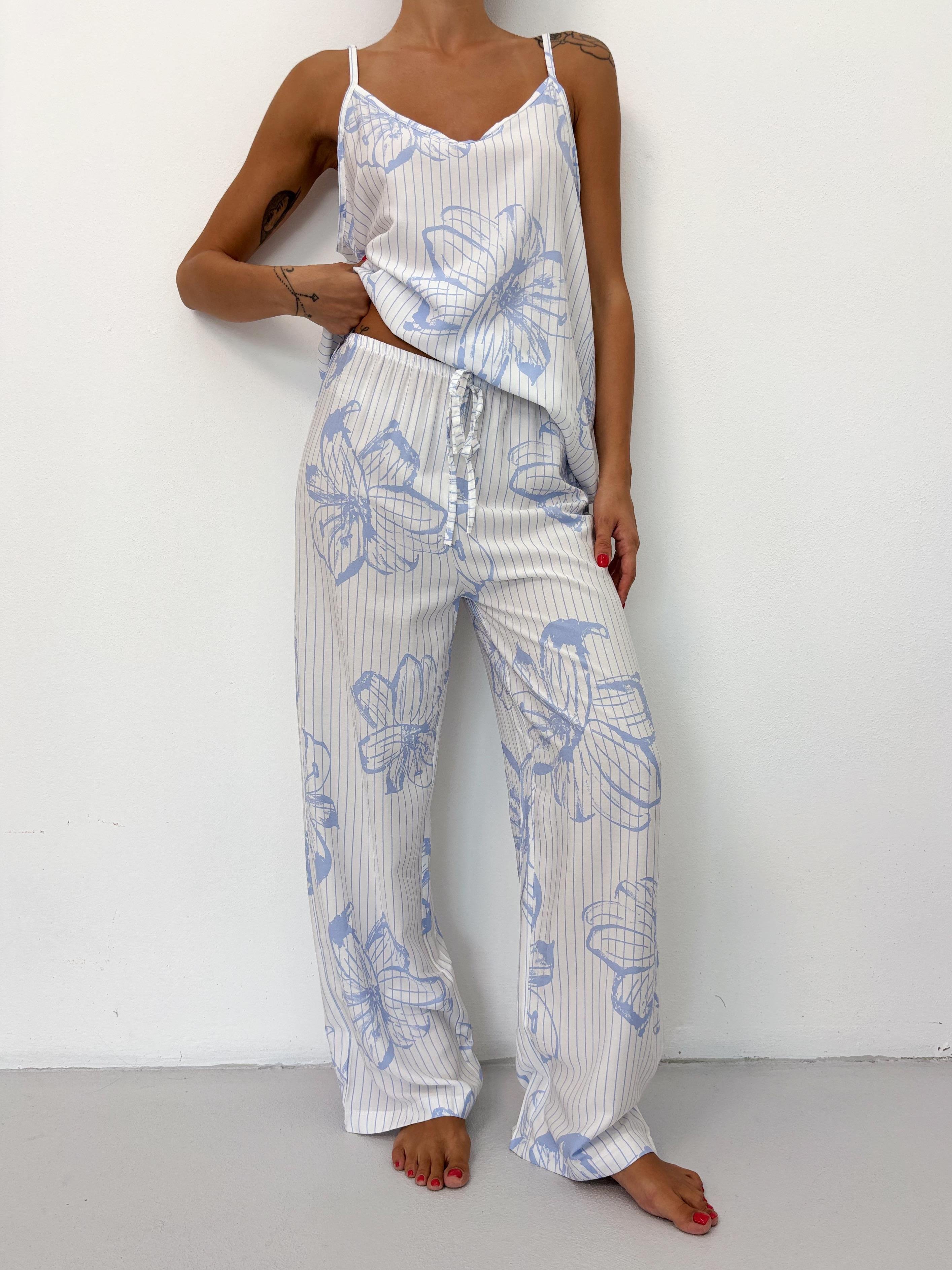 Mavi Çiçek Desen Ayarlanabilir Askı Pamuklu Atlet