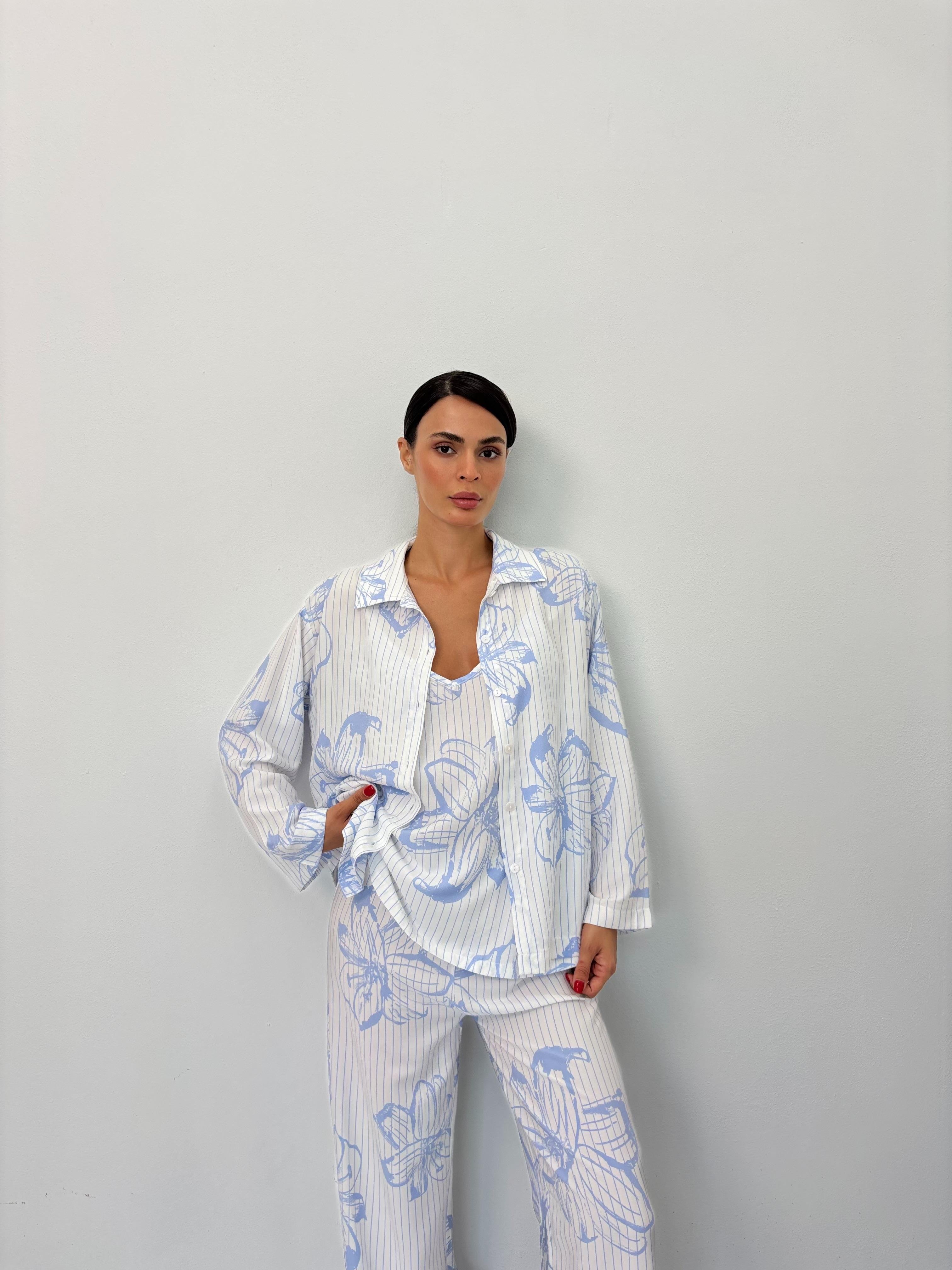 Mavi Çiçek Desen Ayarlanabilir Askı Pamuklu Atlet