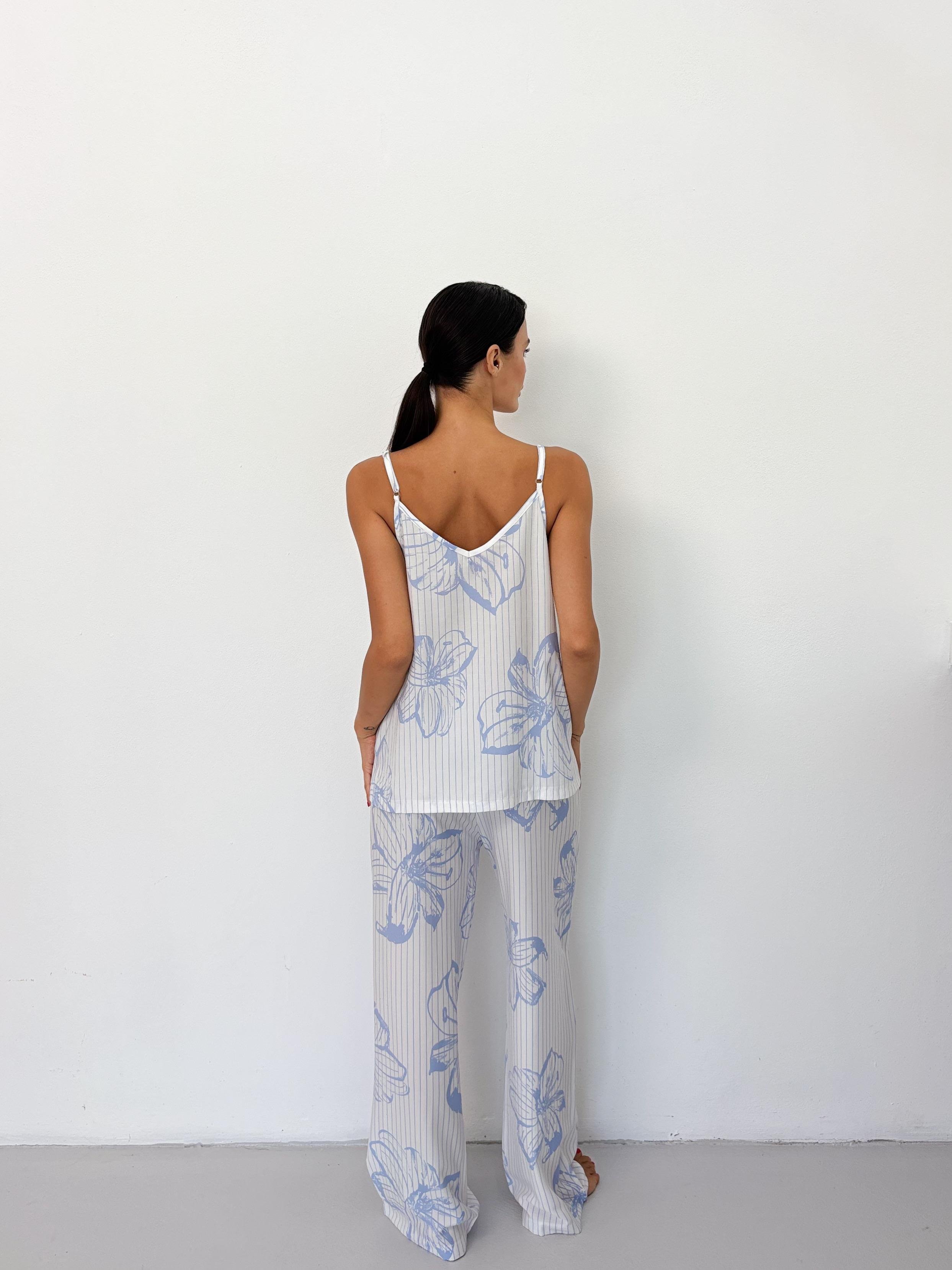 Mavi Çiçek Desen Ayarlanabilir Askı Pamuklu Atlet