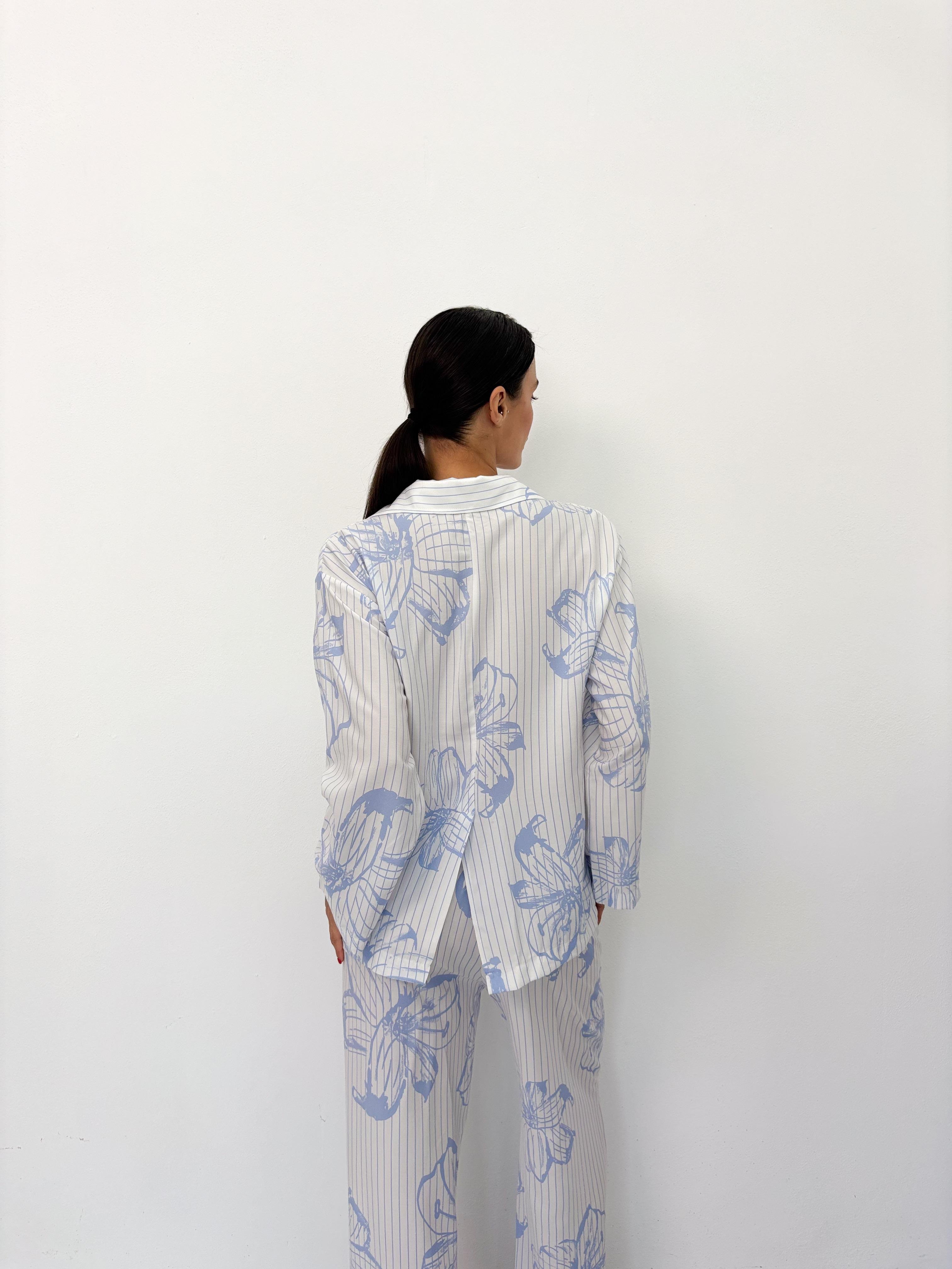 Mavi Çiçek Desen Pamuklu Gömlek Pijama Takım