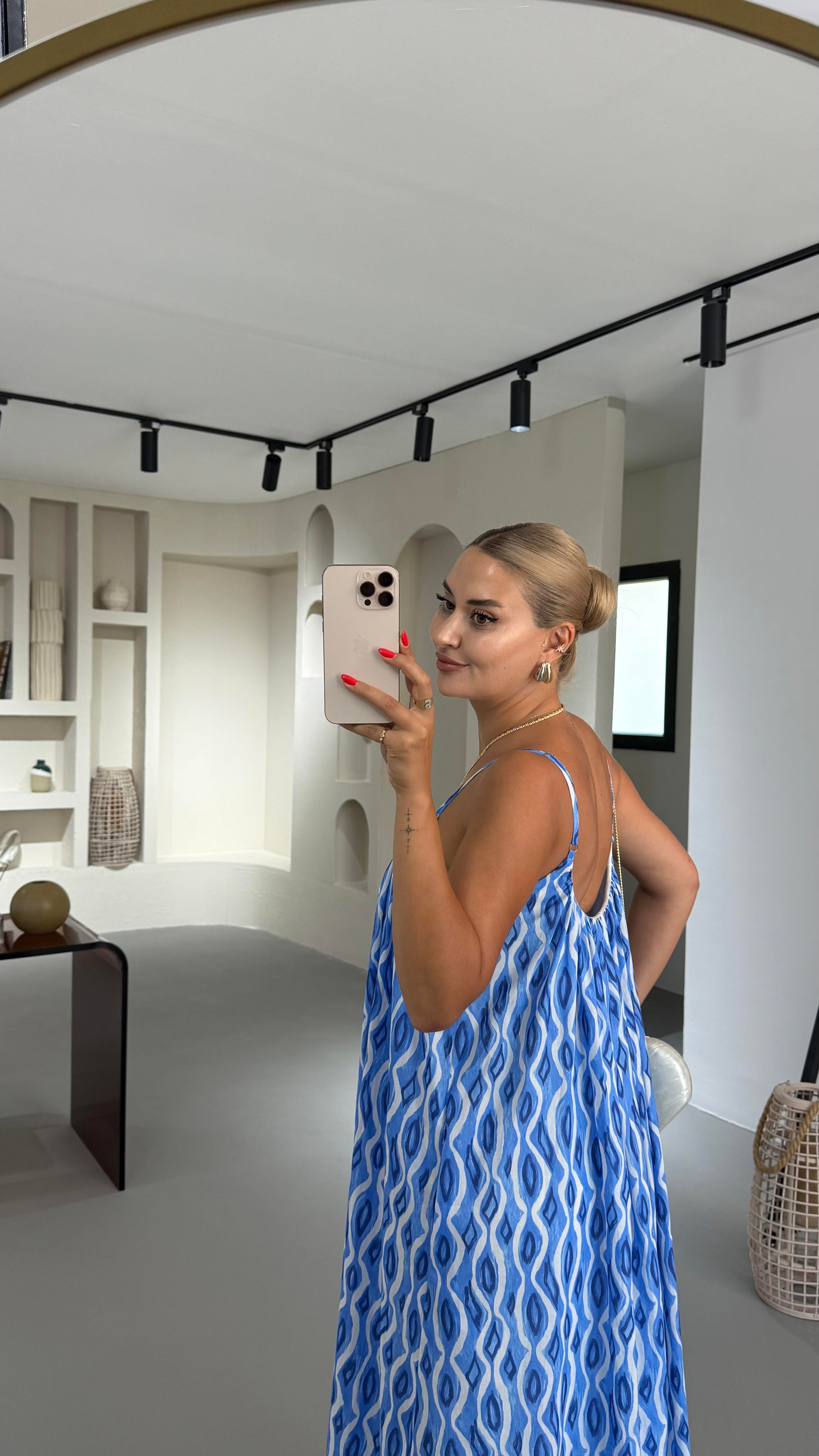 Mavi Desenli Maxi Vual Elbise