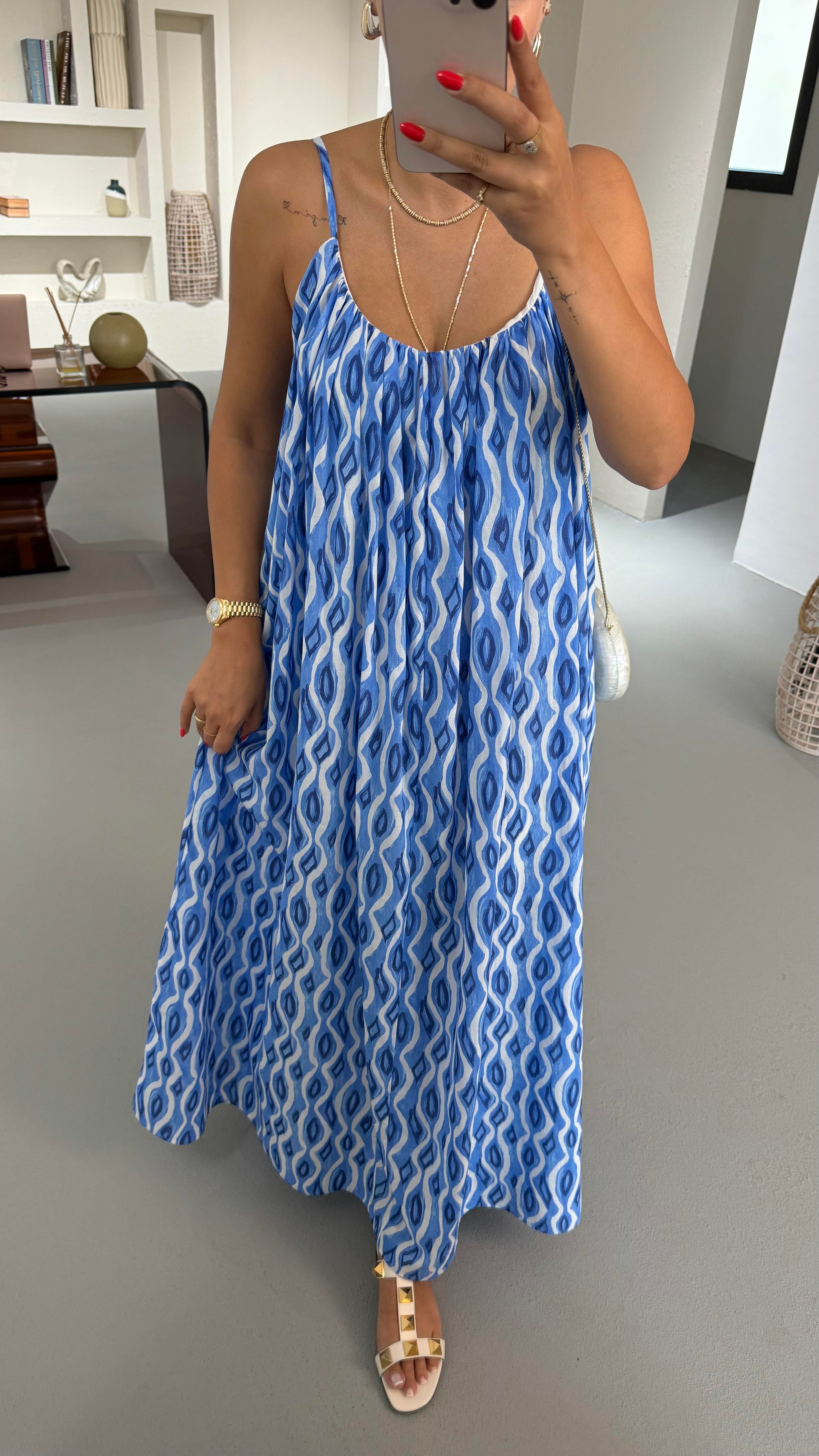 Mavi Desenli Maxi Vual Elbise