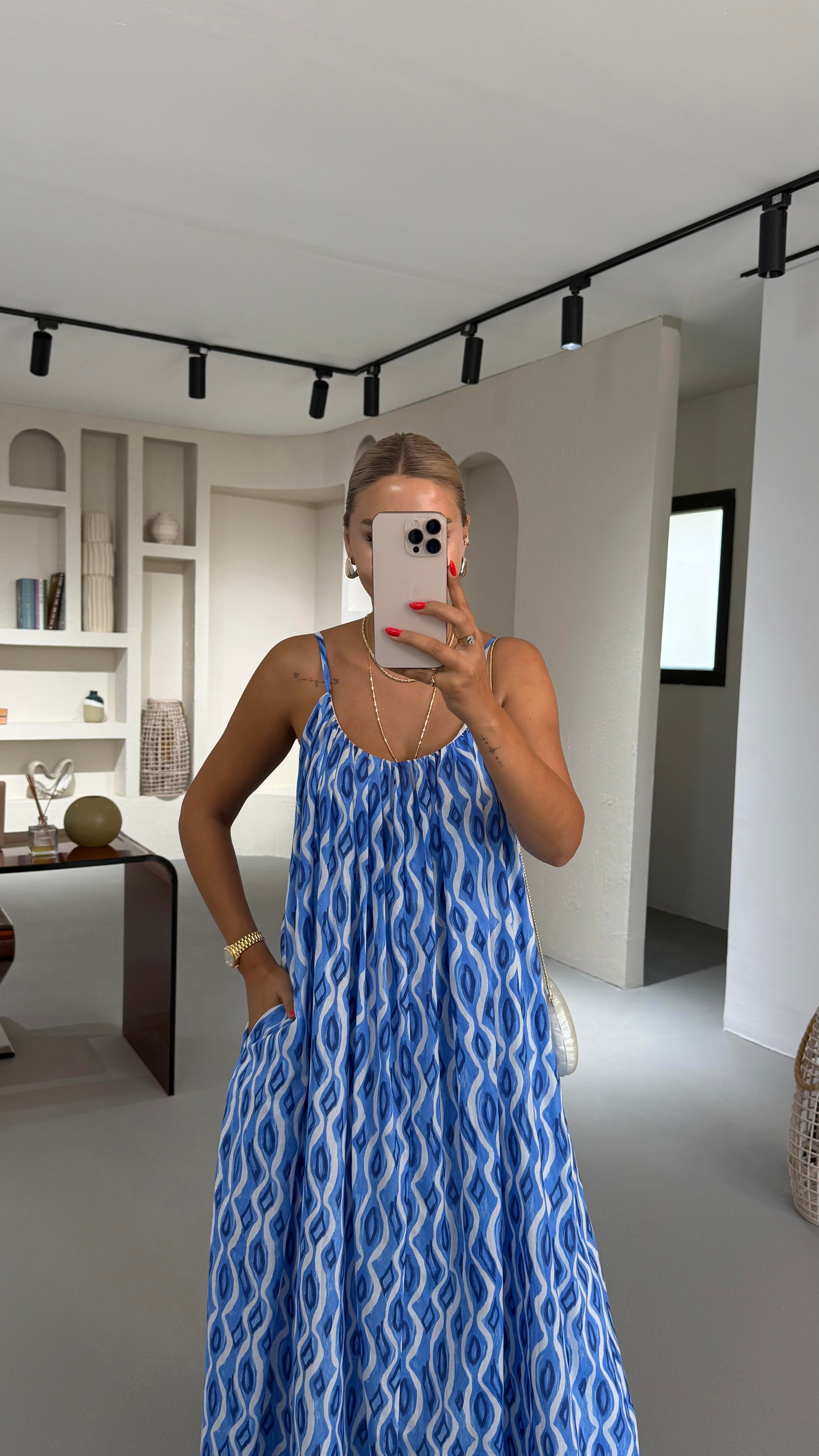 Mavi Desenli Maxi Vual Elbise