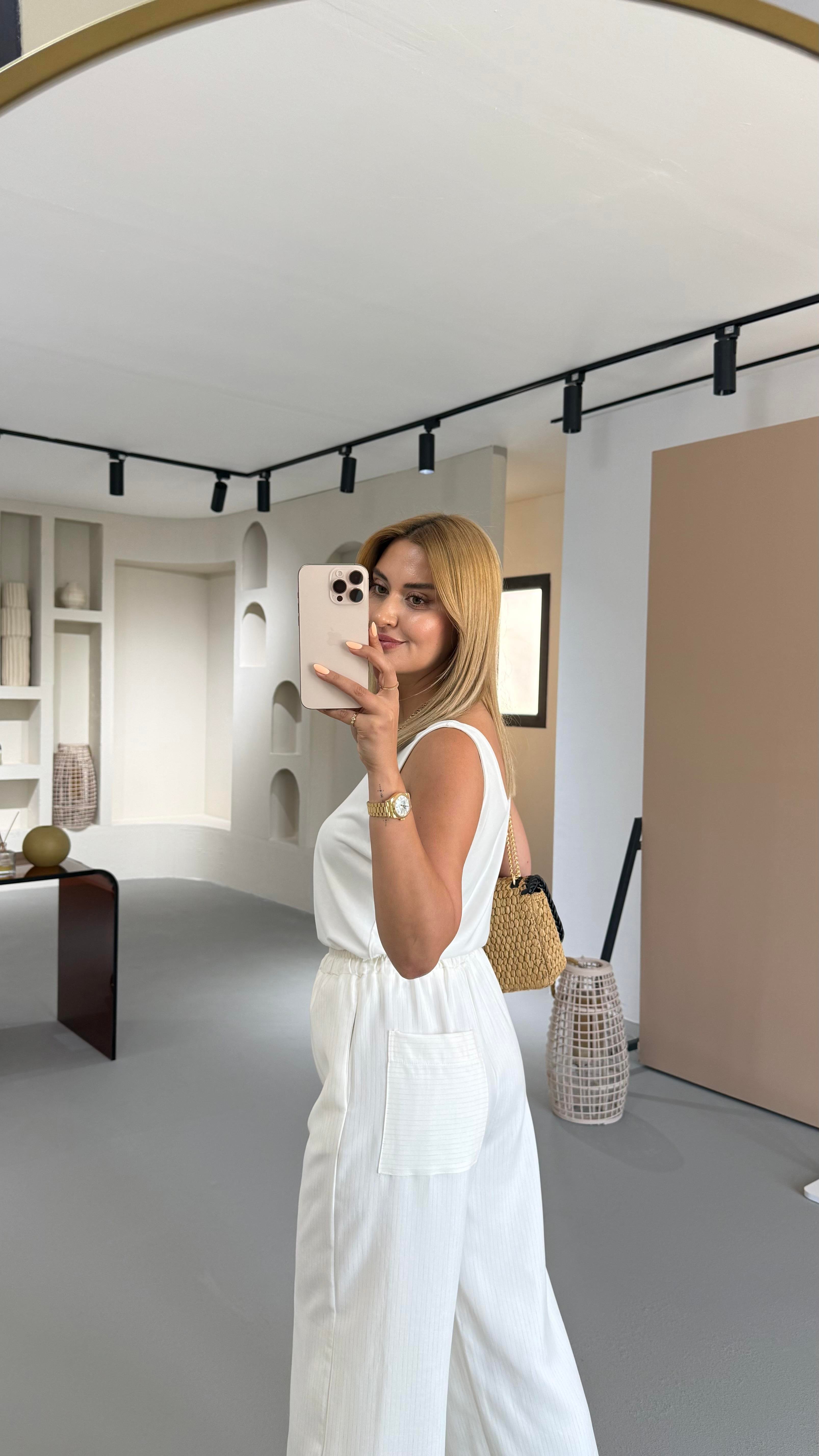 Natural Çizgili Ekru Bol Pantolon