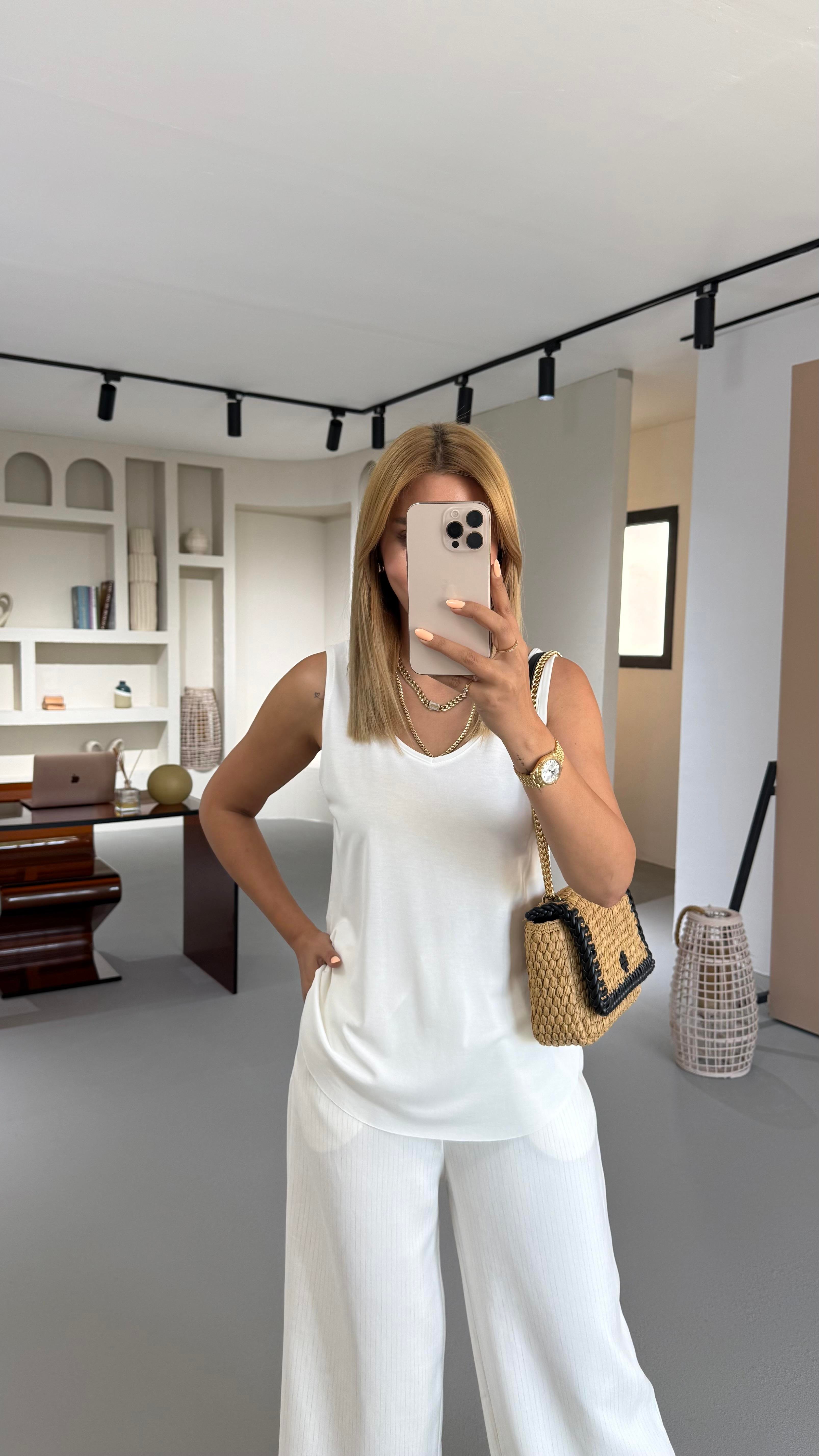 Ön Arka V Yaka Ekru Modal Bluz