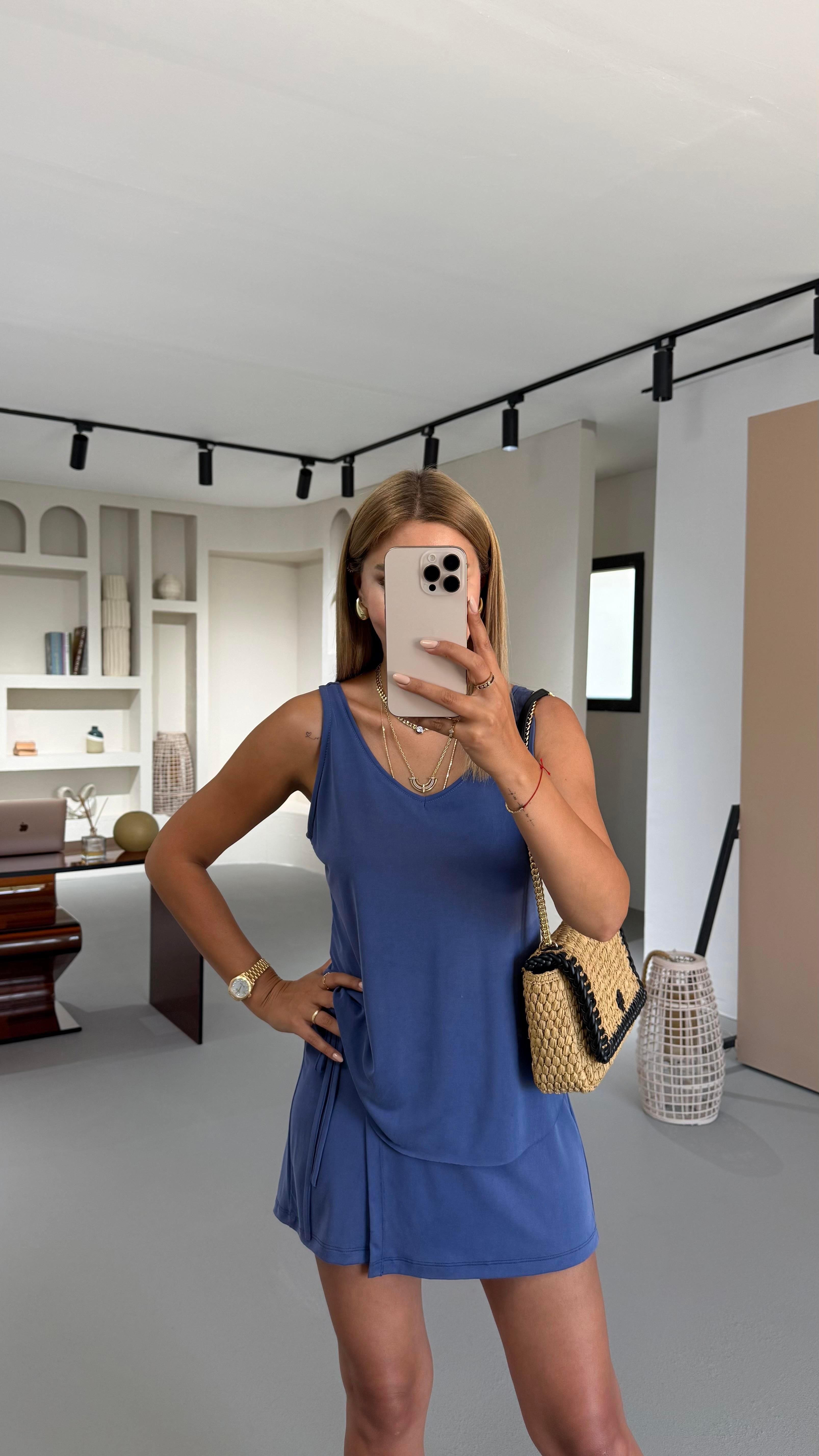 Ön Arka V Yaka Indigo Modal Bluz