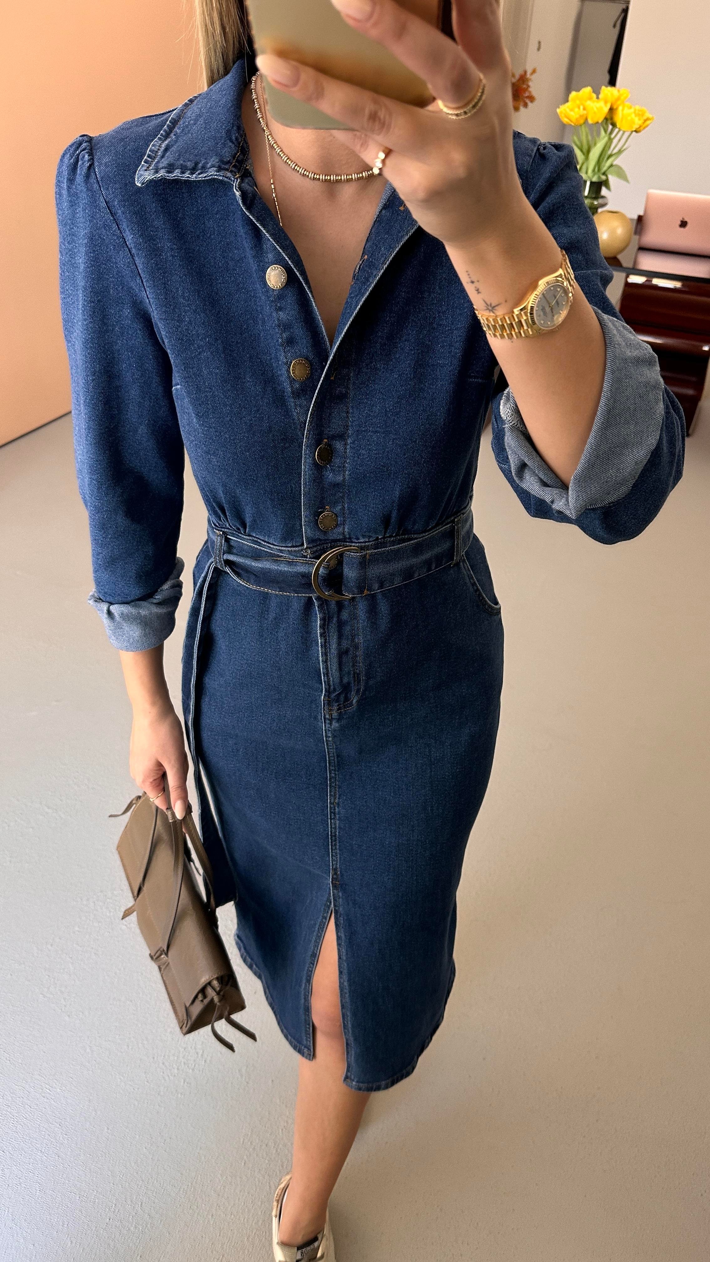 Önden Yırtmaçlı Likralı Lacivert Denim Elbise