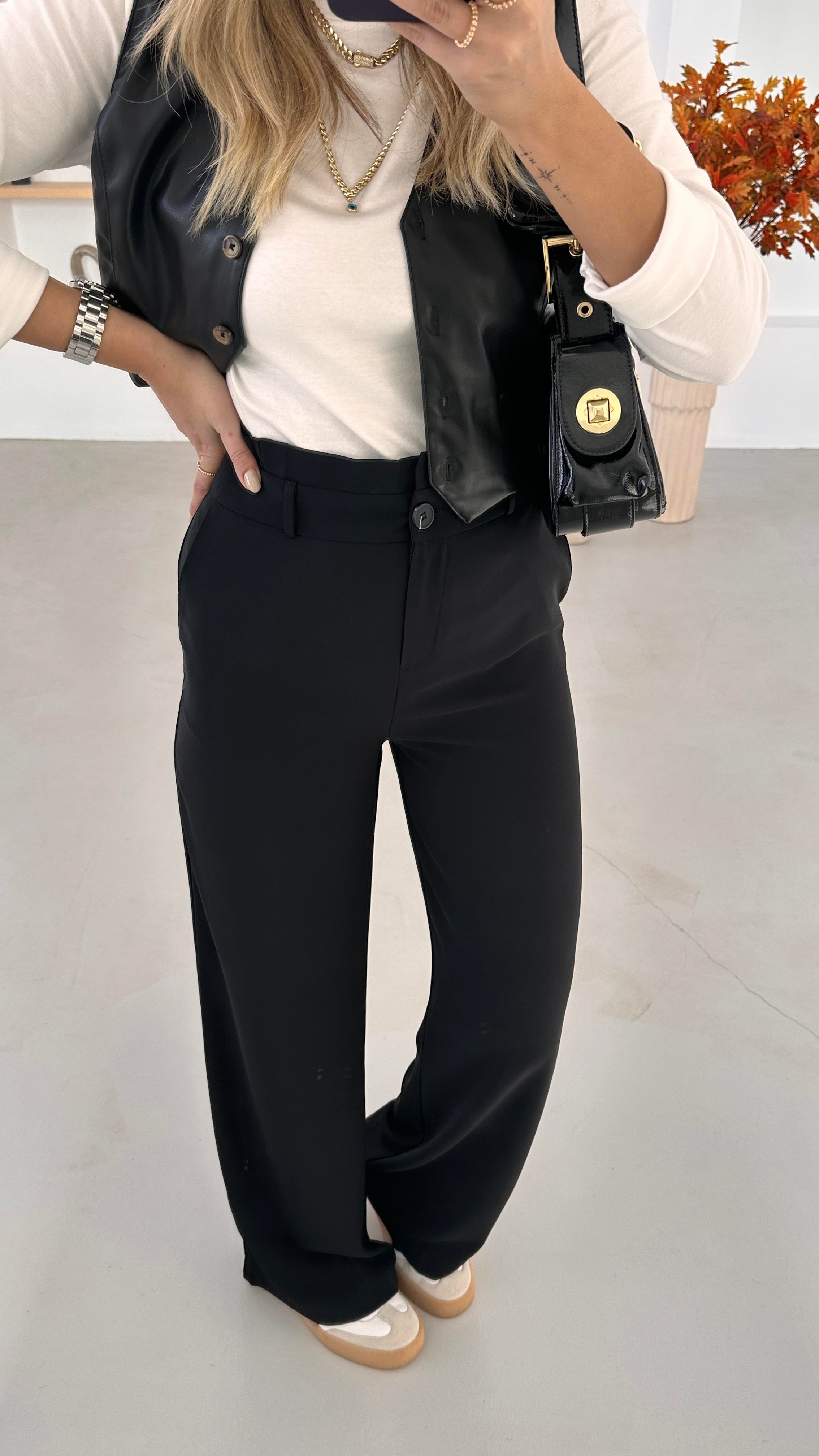 Orjinal Marka Bel Detay Palazzo Siyah Pantolon