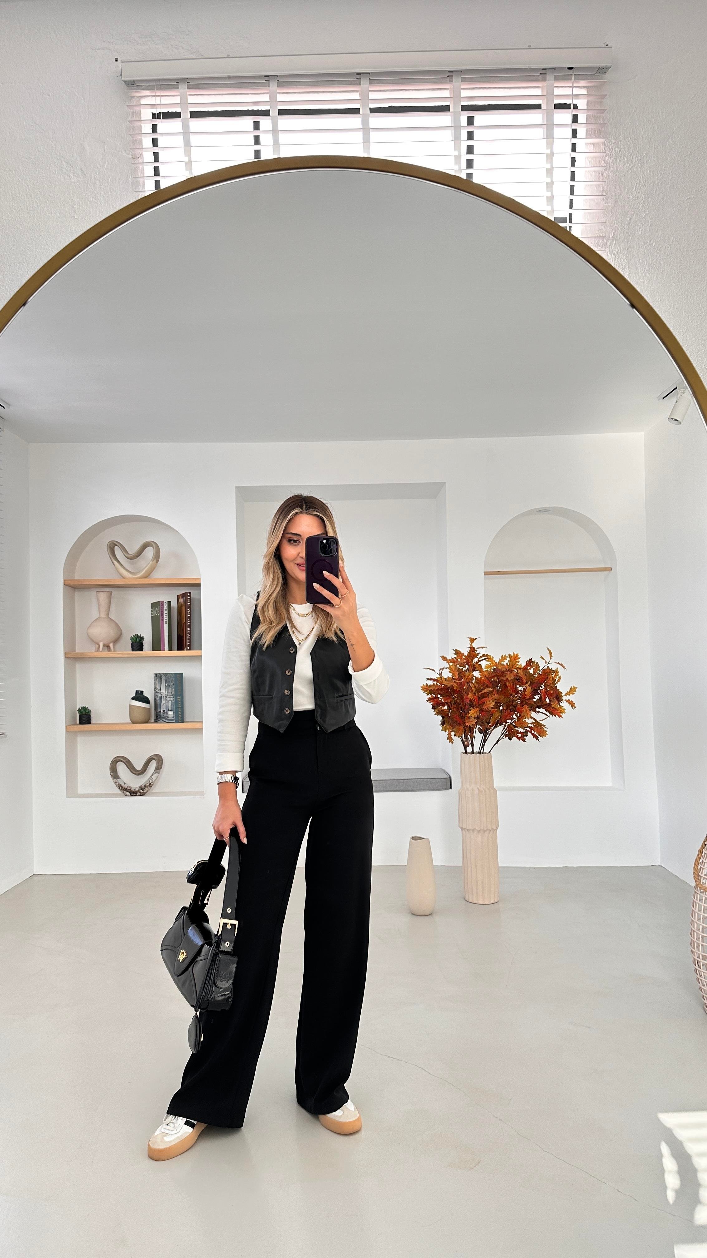 Orjinal Marka Bel Detay Palazzo Siyah Pantolon