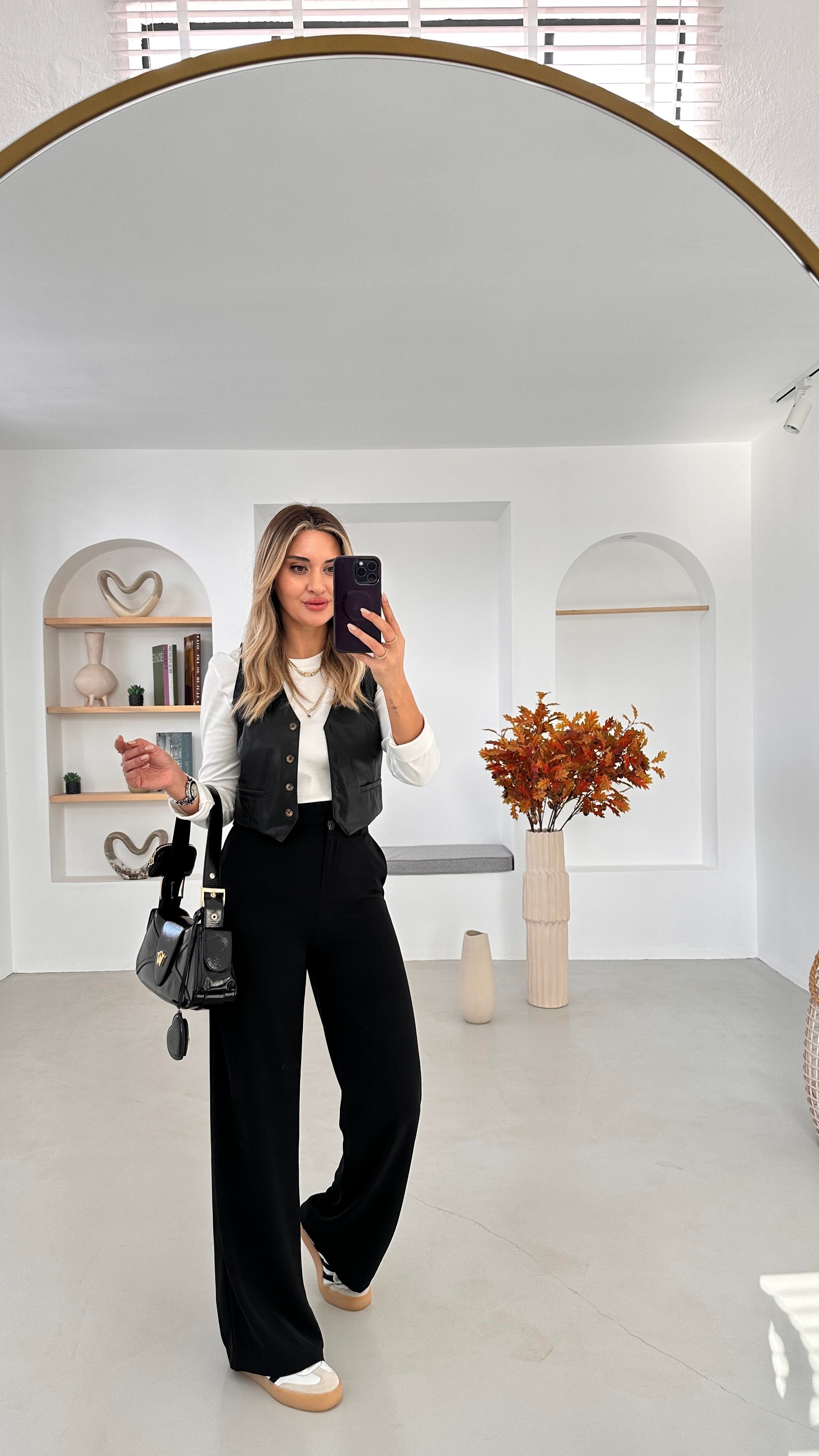 Orjinal Marka Bel Detay Palazzo Siyah Pantolon