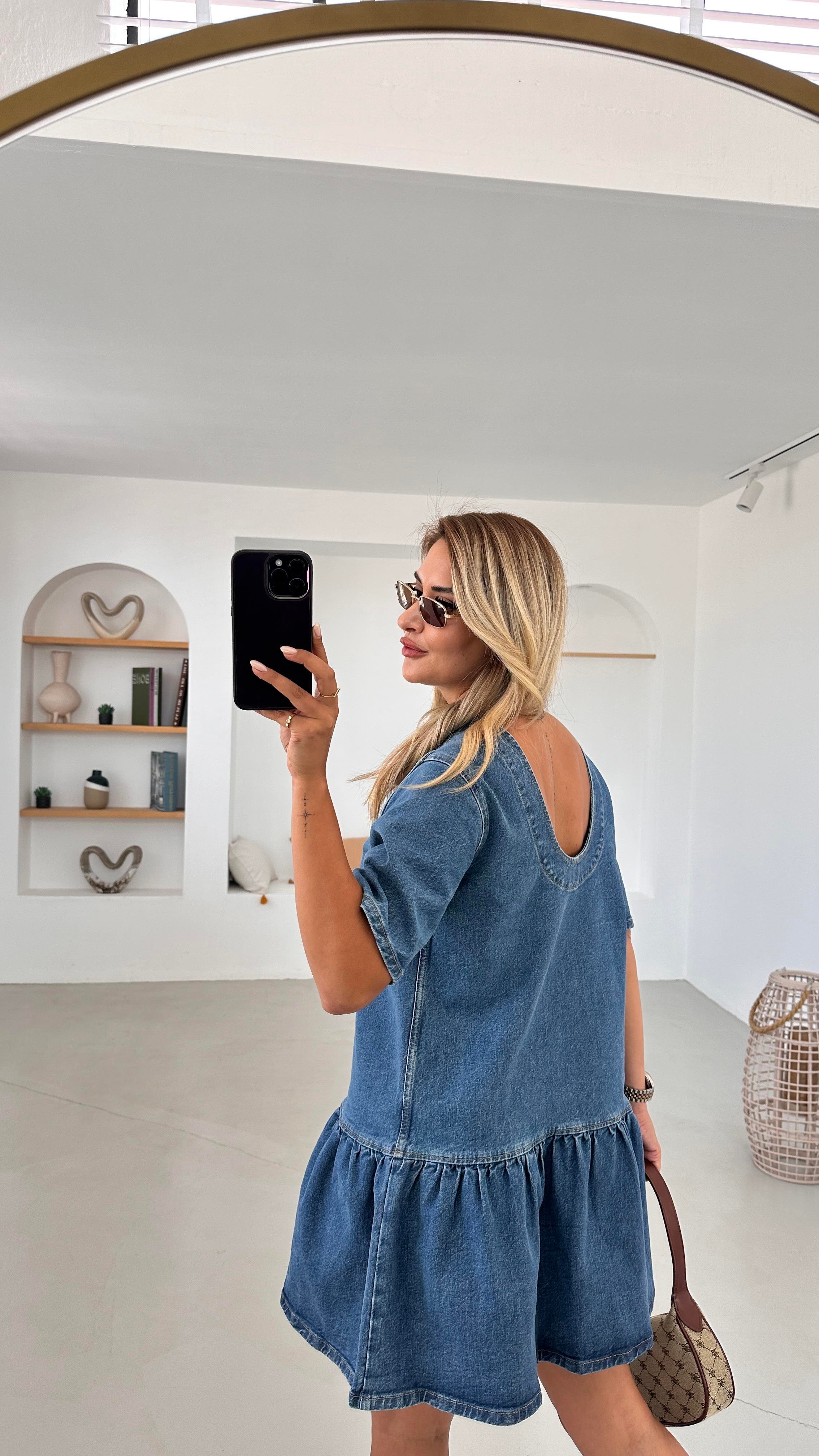 Orjinal Marka Sırt Dekolte Detay Mavi Denim Elbise