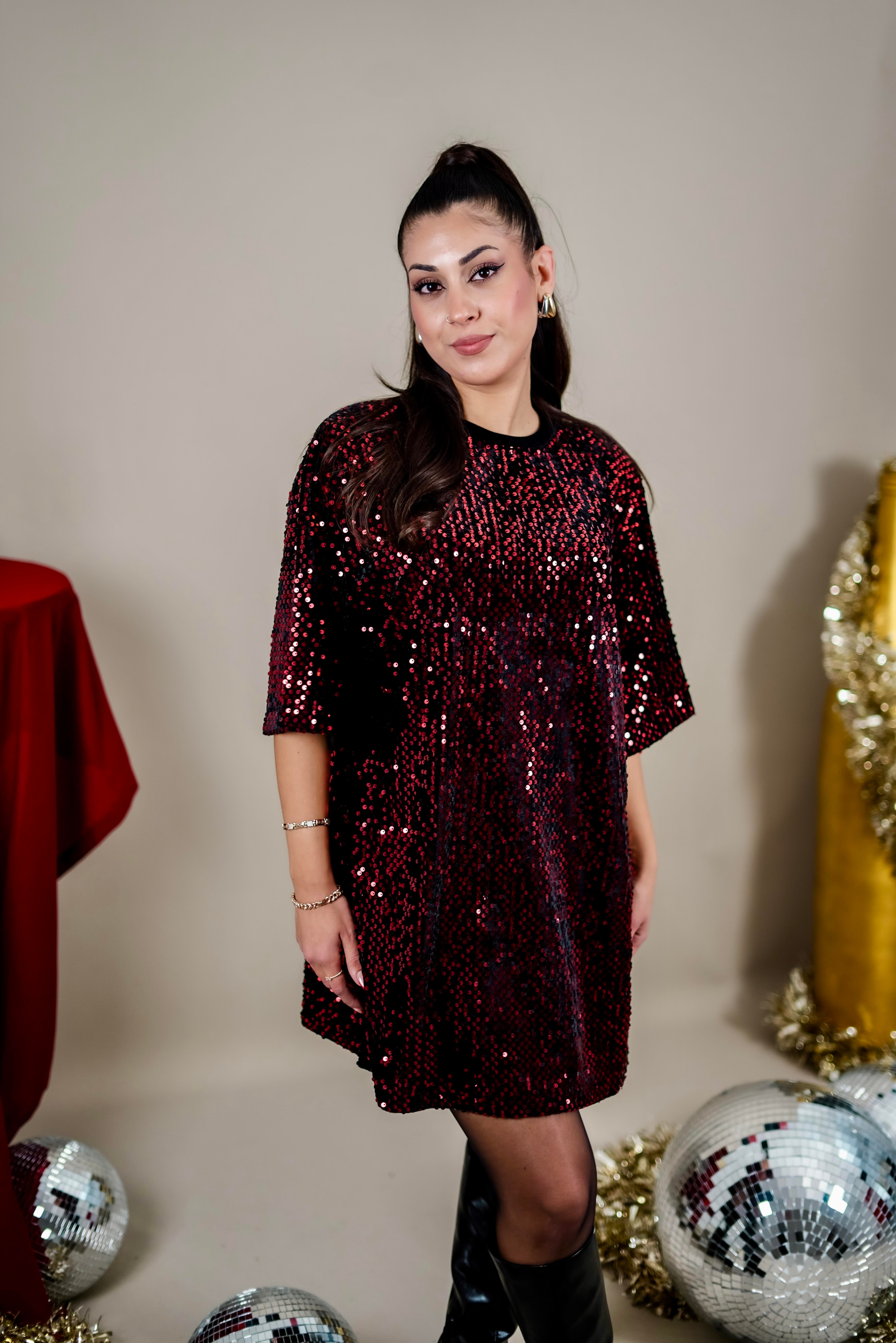 Oversize Bordo Payetli Kadife Elbise