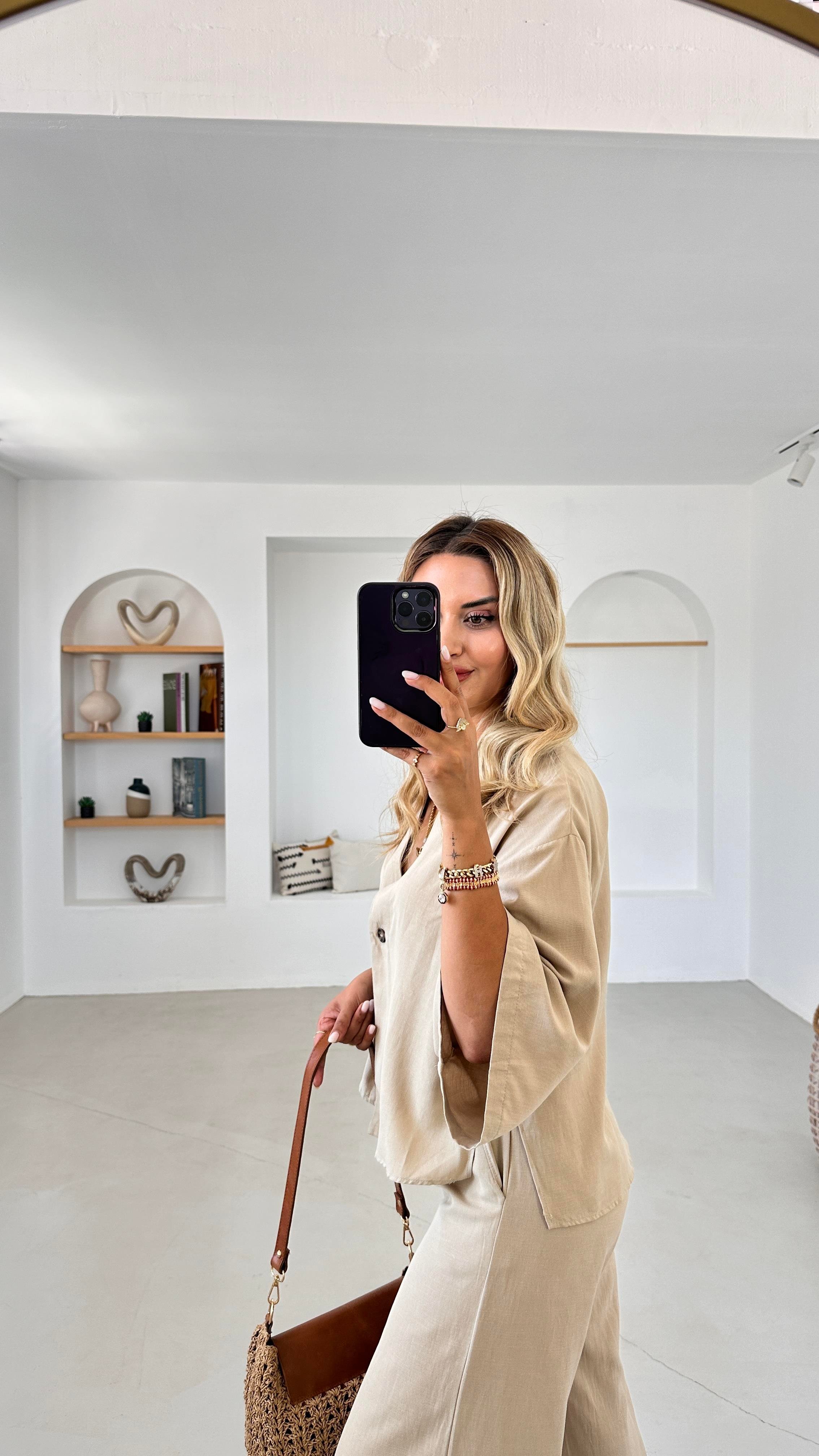 Özel Seri Gömlek Pantolon Kırçıllı Camel Keten Takım