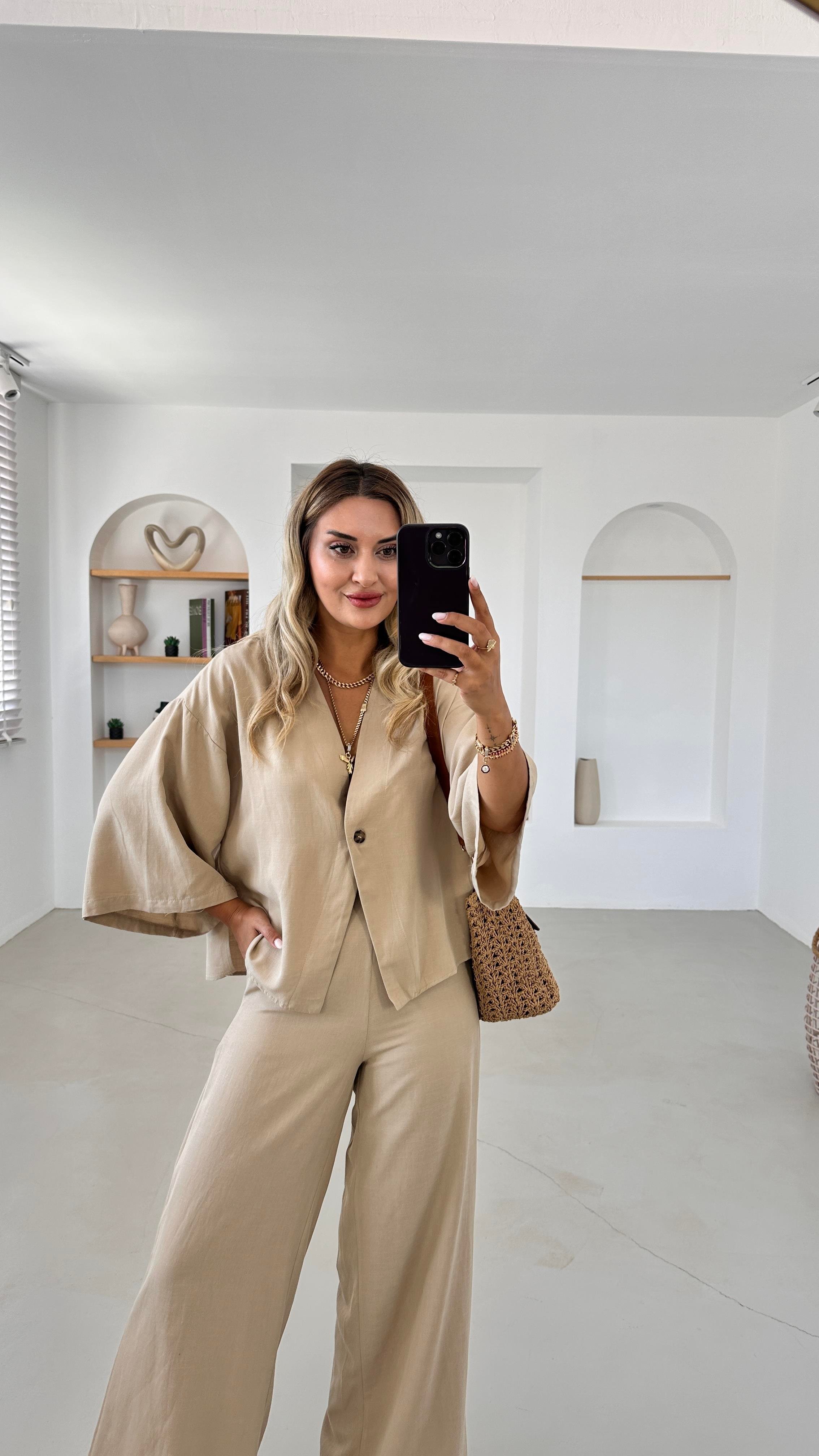 Özel Seri Gömlek Pantolon Kırçıllı Camel Keten Takım