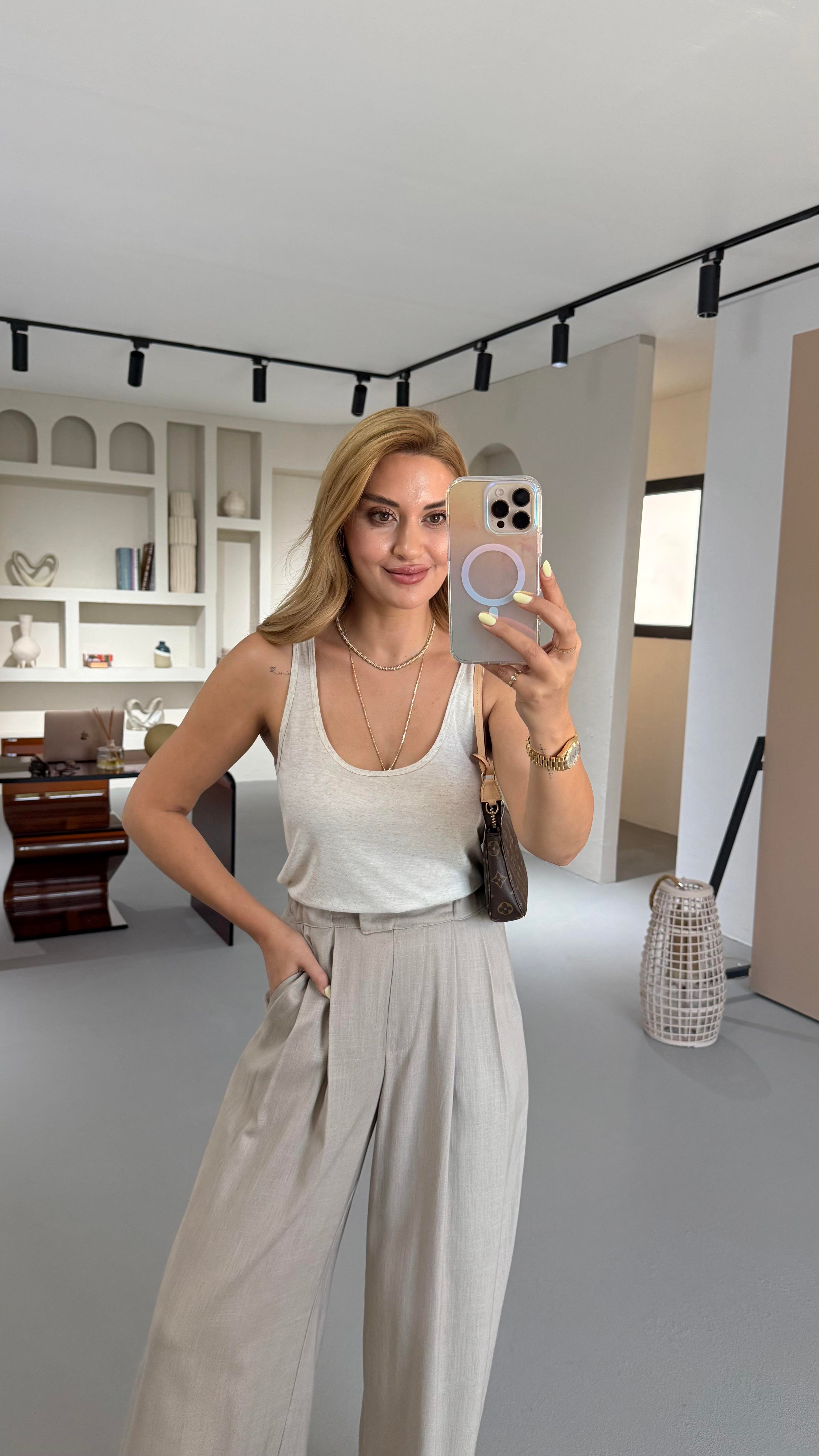 Özel Seri Havuz Yaka Natural Pamuklu Keten Bluz