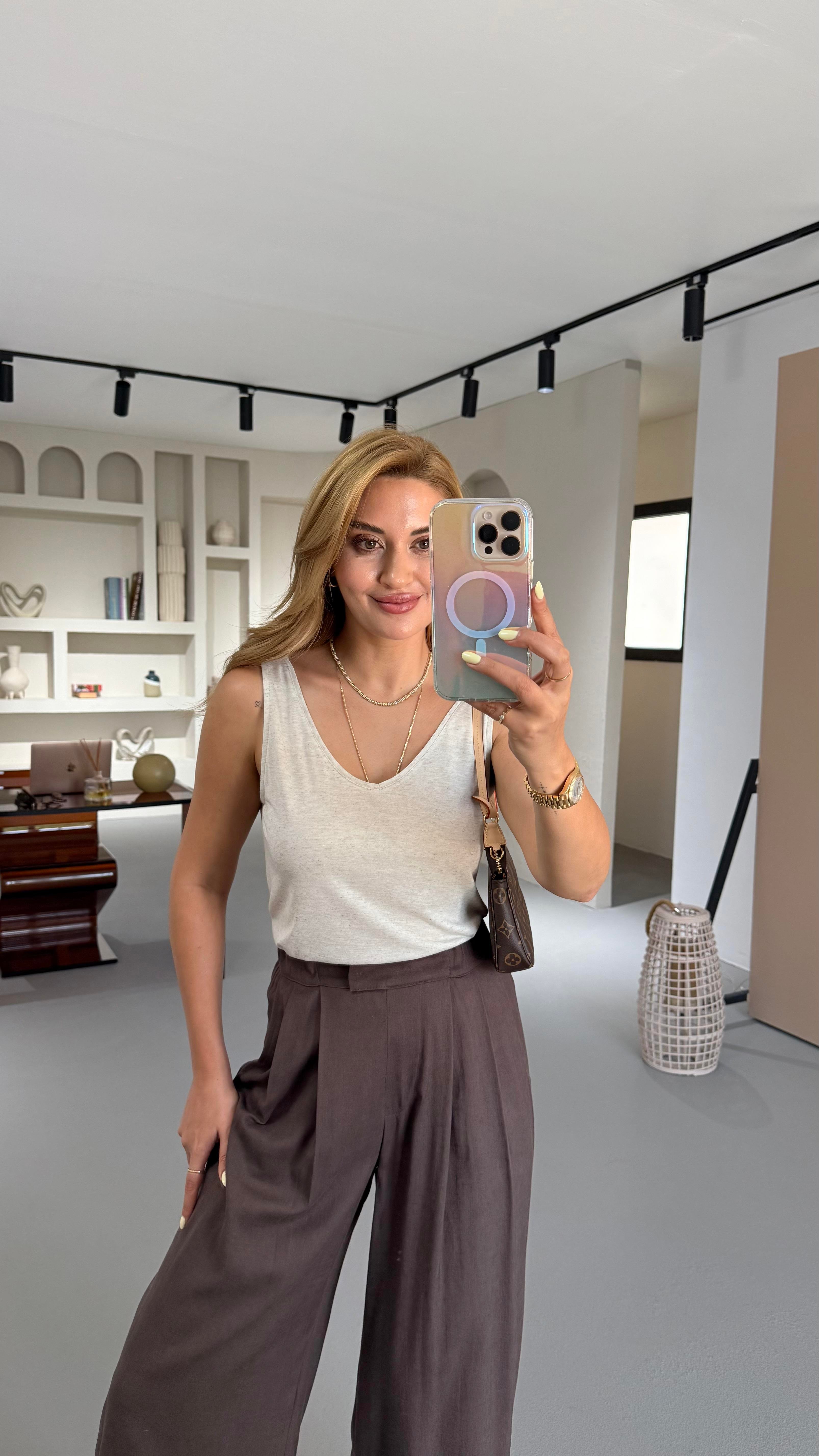 Özel Seri Ön Arka V Yaka Natural Pamuklu Keten Bluz