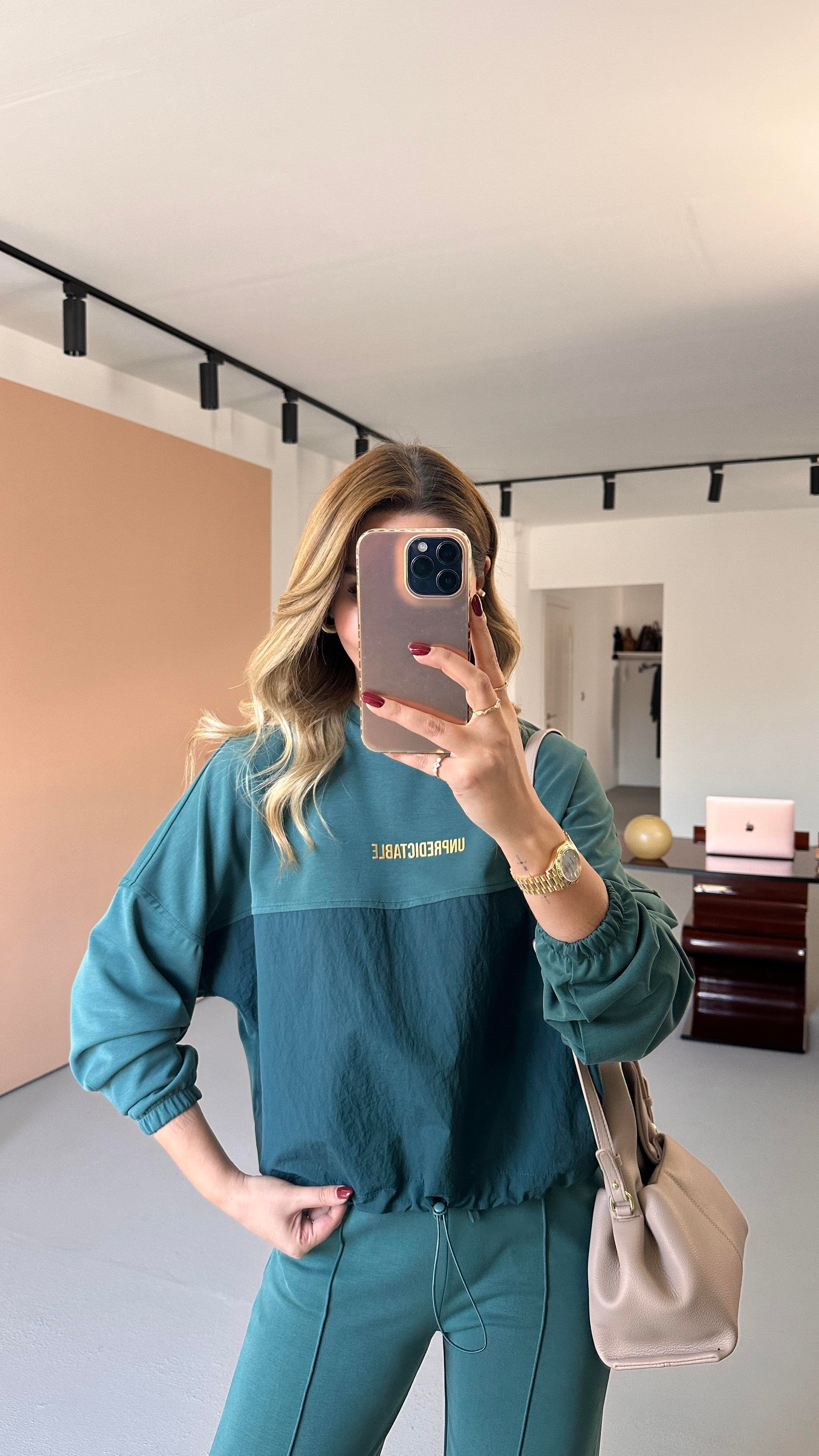 Paraşüt Detay Sweat Pantolon Petrol Modal Takım