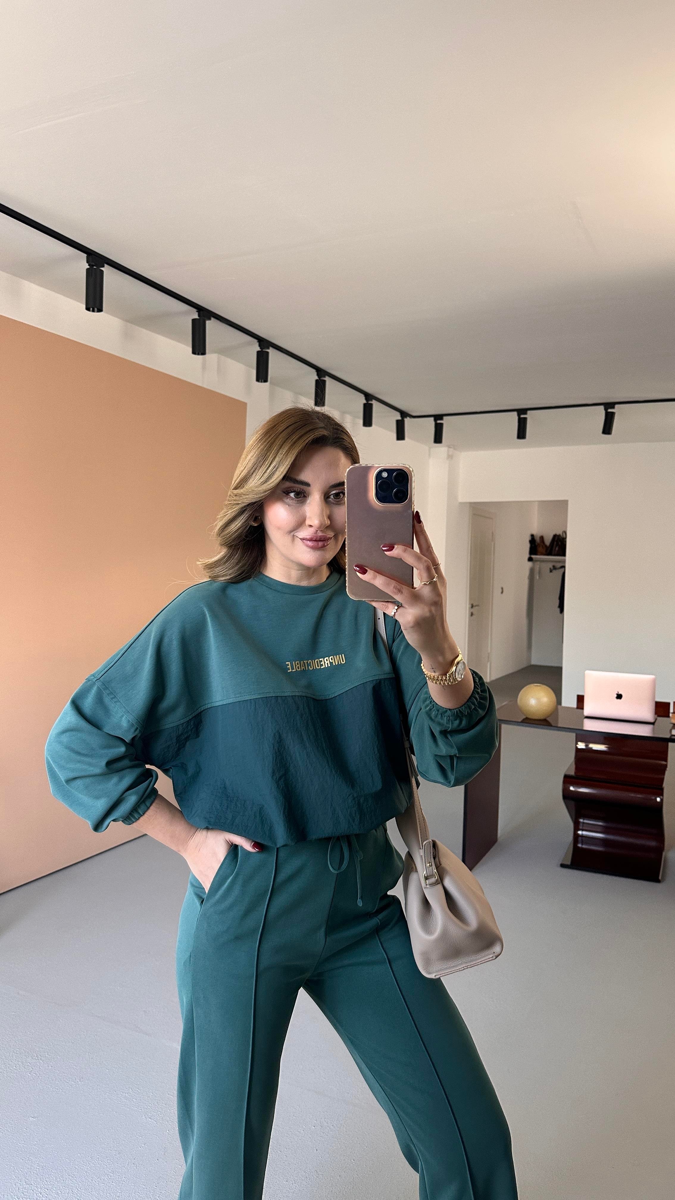 Paraşüt Detay Sweat Pantolon Petrol Modal Takım
