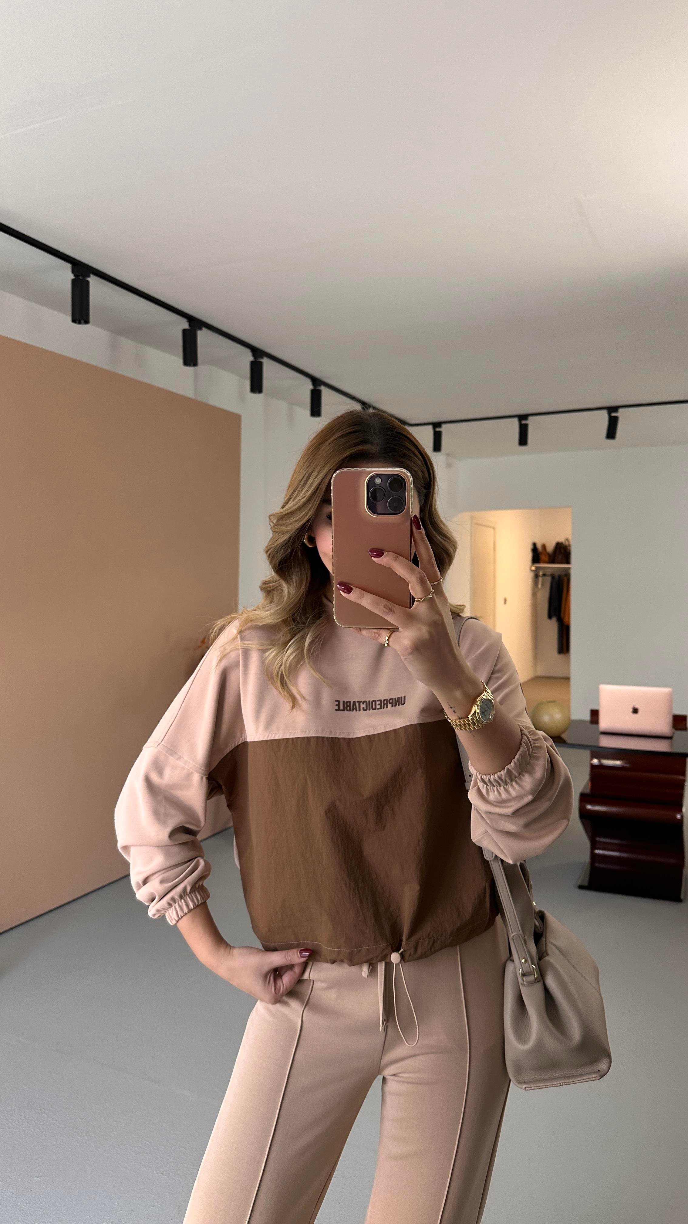Paraşüt Detay Sweat Pantolon Vizon Modal Takım