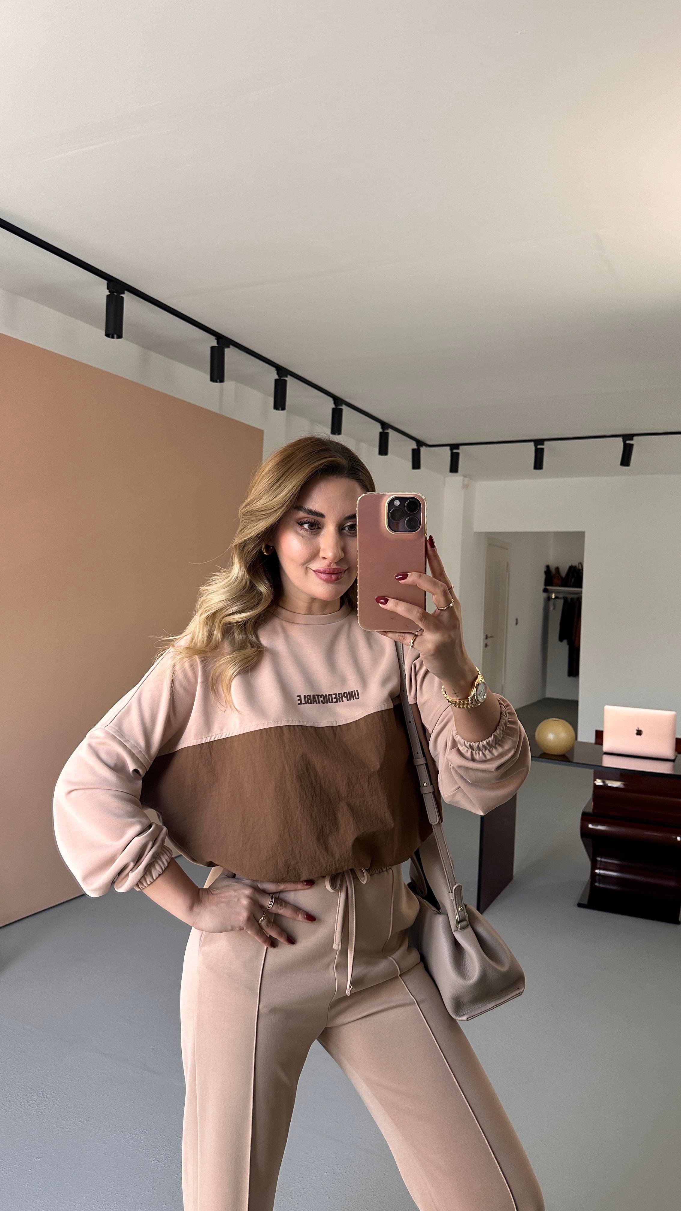 Paraşüt Detay Sweat Pantolon Vizon Modal Takım