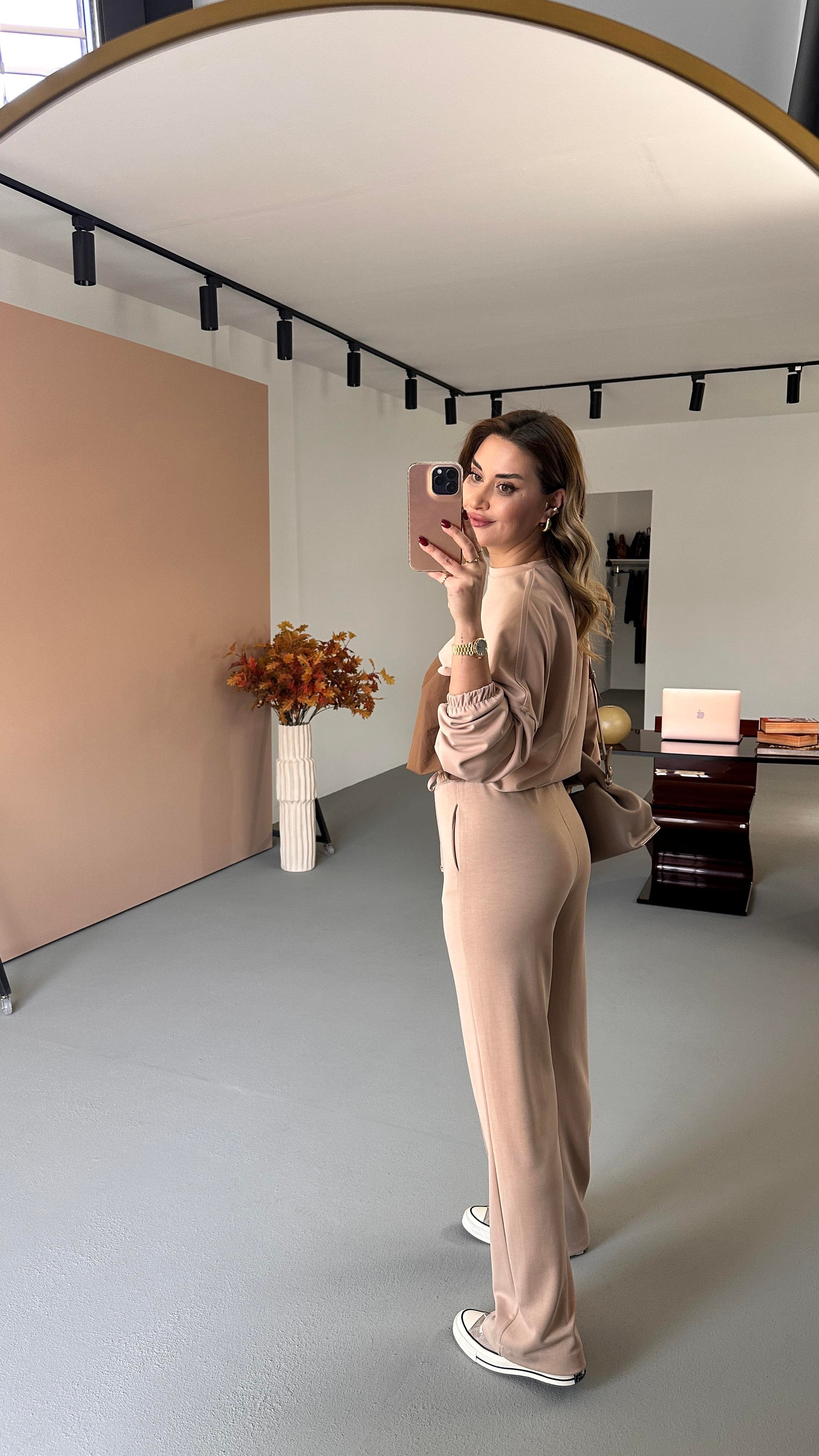 Paraşüt Detay Sweat Pantolon Vizon Modal Takım
