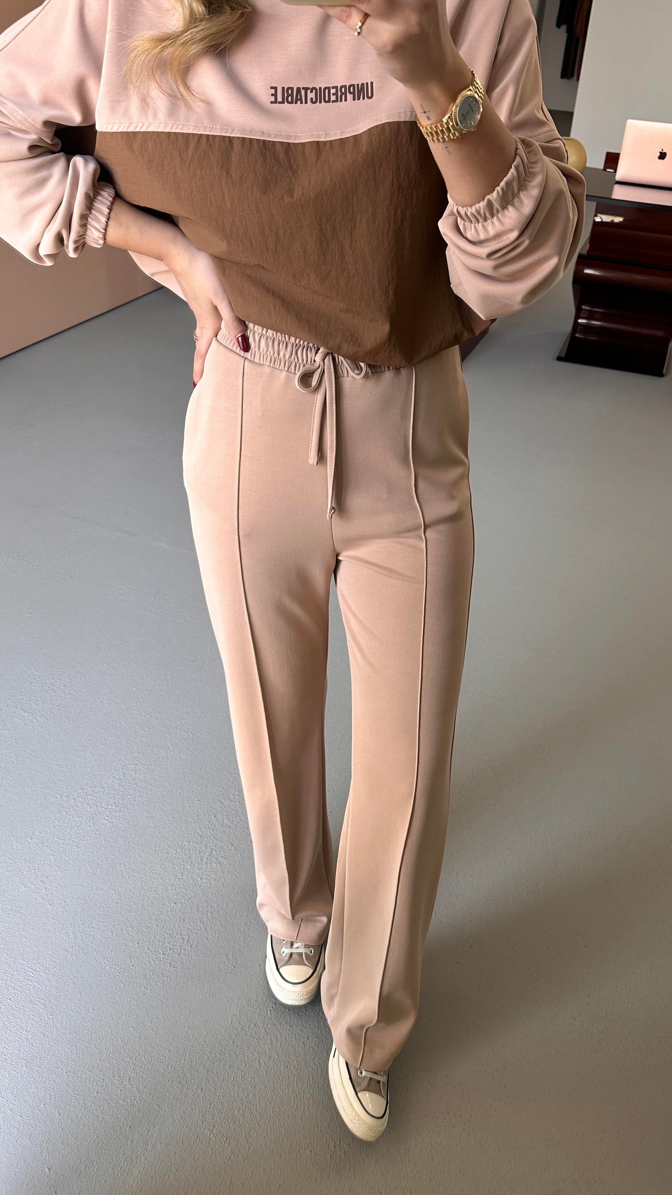 Paraşüt Detay Sweat Pantolon Vizon Modal Takım