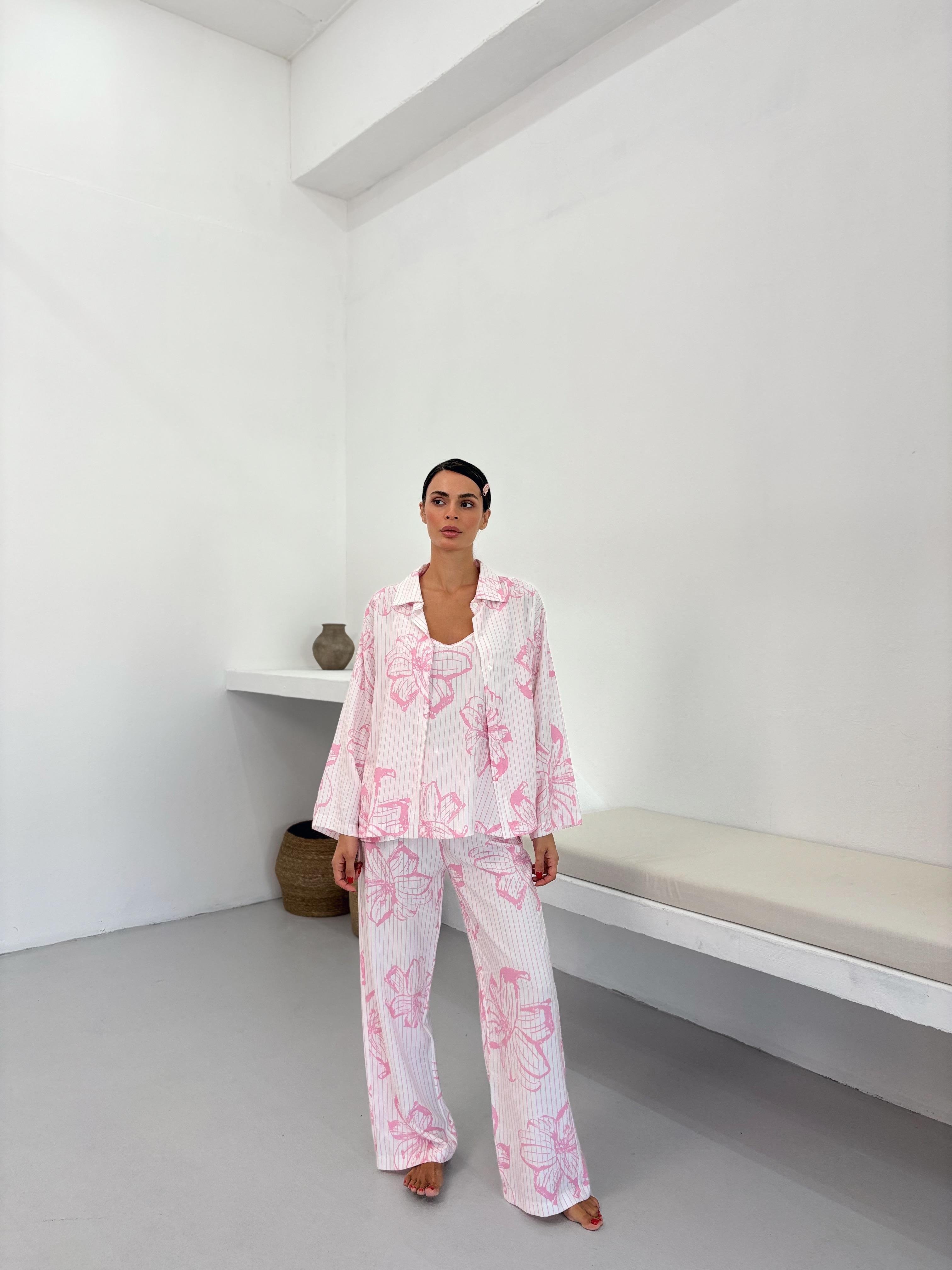 Pembe Çiçek Desen Ayarlanabilir Askı Pamuklu Atlet