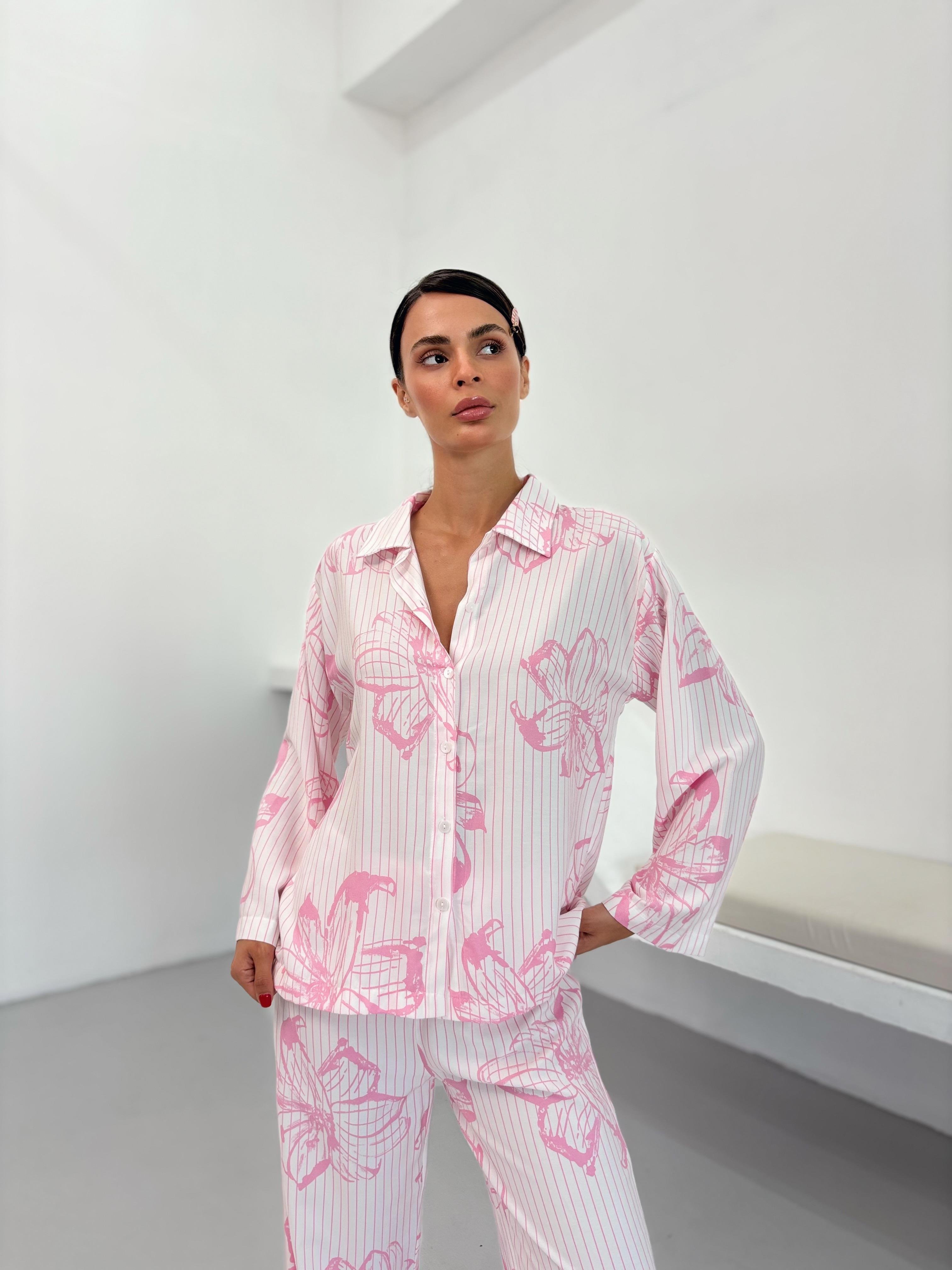 Pembe Çiçek Desen Pamuklu Gömlek Pijama Takım